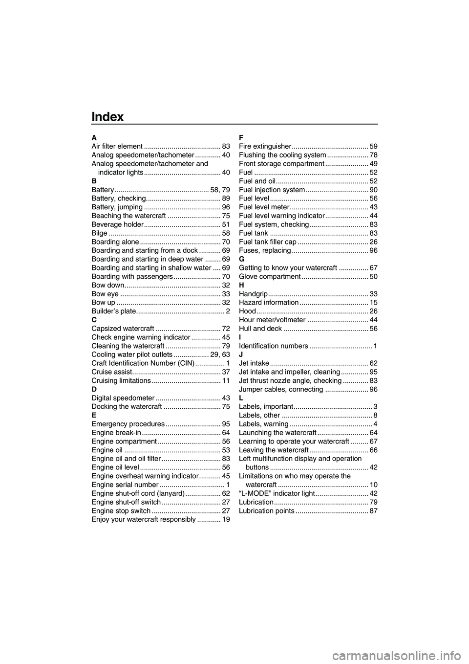 YAMAHA SVHO 2009  Owners Manual Index
A
Air filter element ....................................... 83
Analog speedometer/tachometer ............. 40
Analog speedometer/tachometer and 
indicator lights ...............................