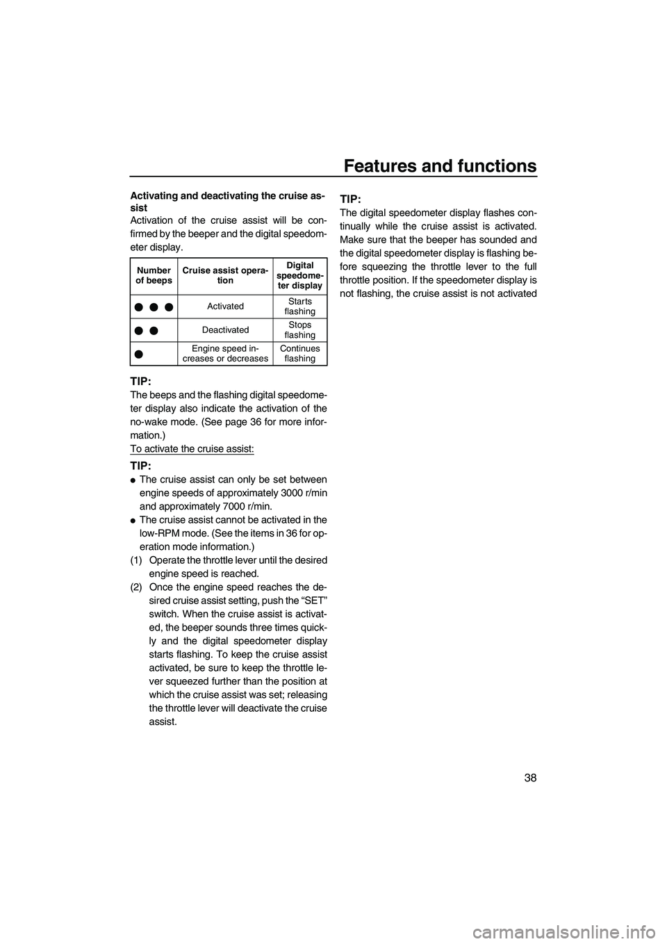 YAMAHA FX SHO 2009  Owners Manual Features and functions
38
Activating and deactivating the cruise as-
sist
Activation of the cruise assist will be con-
firmed by the beeper and the digital speedom-
eter display.
TIP:
The beeps and th