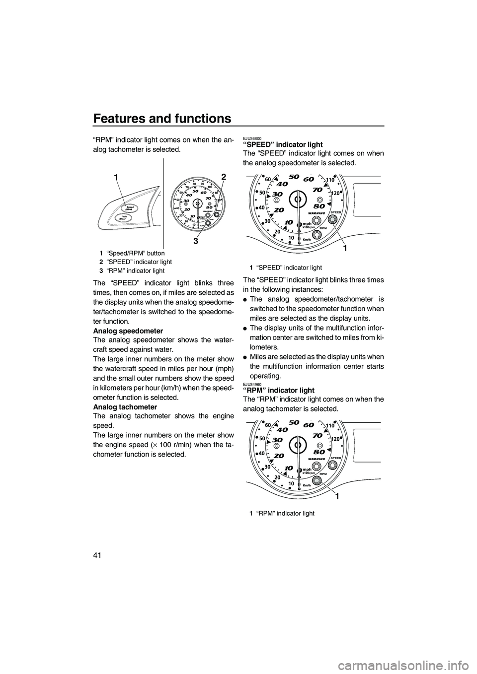 YAMAHA SVHO 2009  Owners Manual Features and functions
41
“RPM” indicator light comes on when the an-
alog tachometer is selected.
The “SPEED” indicator light blinks three
times, then comes on, if miles are selected as
the d