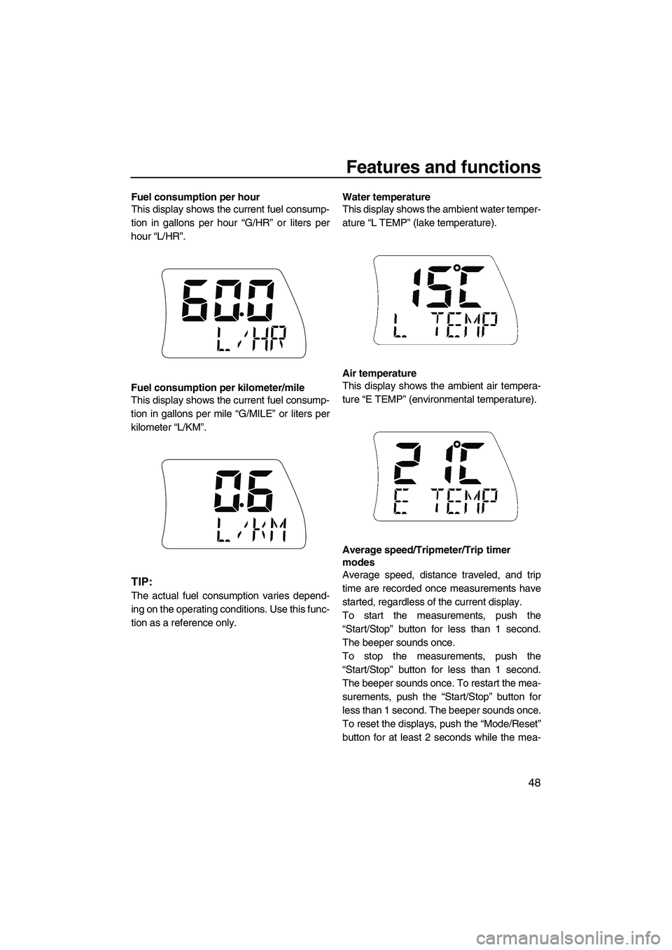 YAMAHA FX SHO 2009 User Guide Features and functions
48
Fuel consumption per hour
This display shows the current fuel consump-
tion in gallons per hour “G/HR” or liters per
hour “L/HR”.
Fuel consumption per kilometer/mile
