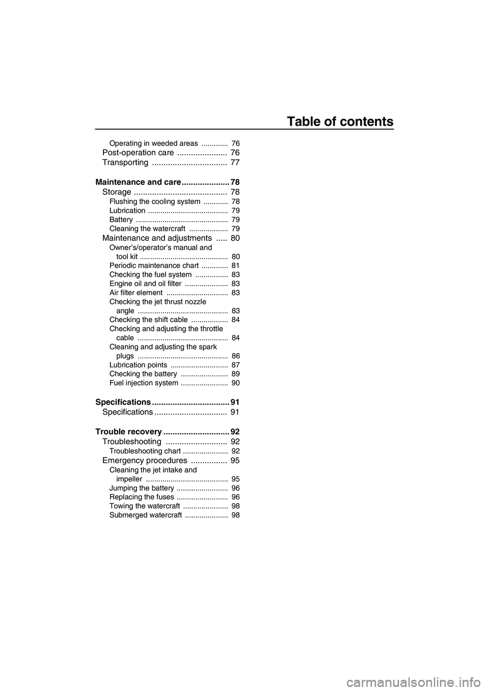 YAMAHA SVHO 2009  Owners Manual Table of contents
Operating in weeded areas  .............  76
Post-operation care  ......................  76
Transporting .................................  77
Maintenance and care .................