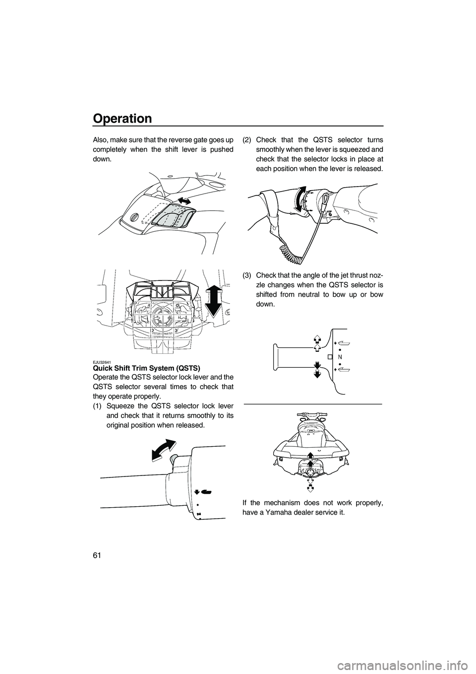 YAMAHA SVHO 2009 Repair Manual Operation
61
Also, make sure that the reverse gate goes up
completely when the shift lever is pushed
down.
EJU32641Quick Shift Trim System (QSTS)
Operate the QSTS selector lock lever and the
QSTS sel YAMAHA SVHO 2009 Repair Manual Operation
61
Also, make sure that the reverse gate goes up
completely when the shift lever is pushed
down.
EJU32641Quick Shift Trim System (QSTS)
Operate the QSTS selector lock lever and the
QSTS sel