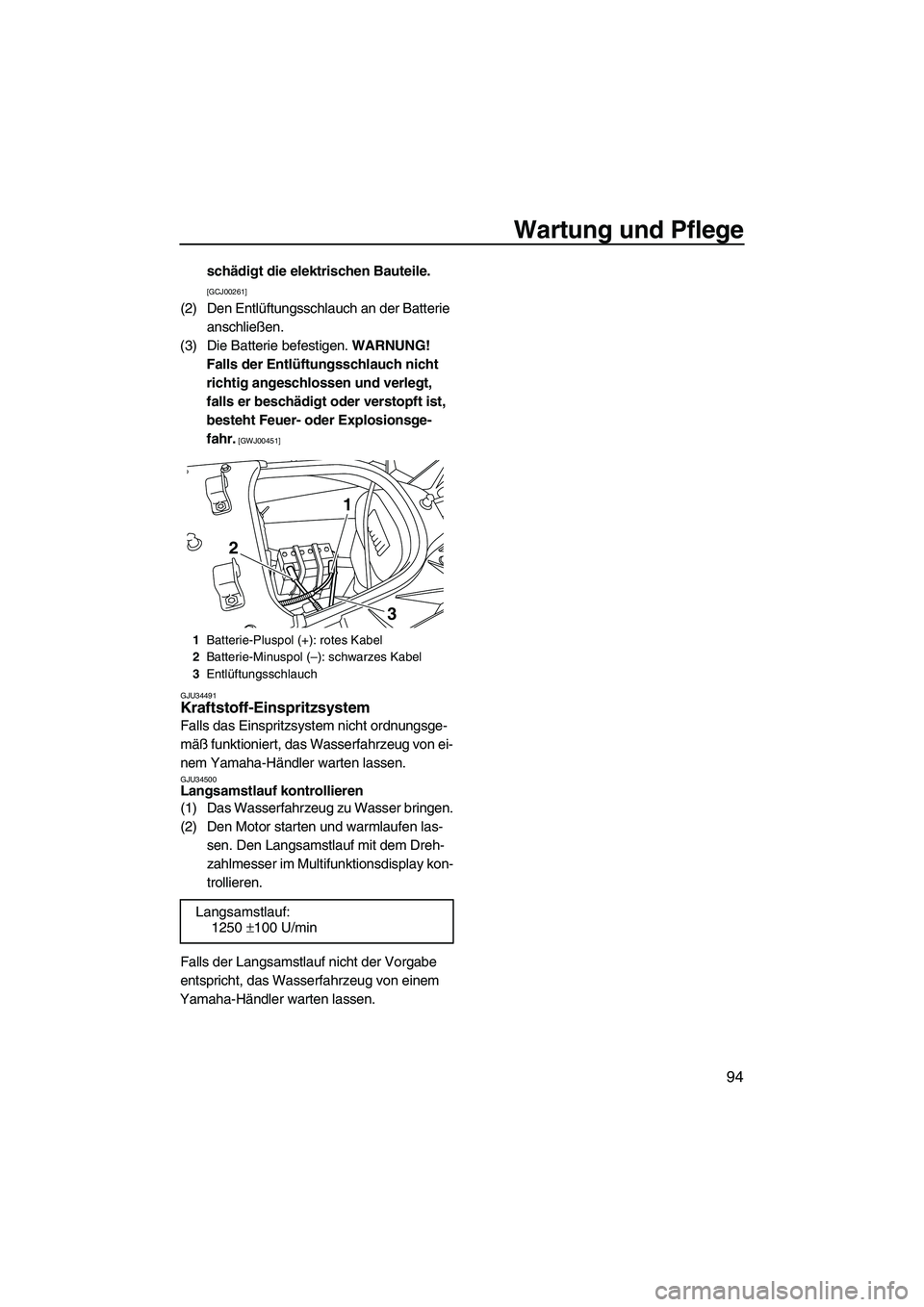 YAMAHA FX SHO 2009  Betriebsanleitungen (in German) Wartung und Pflege
94
schädigt die elektrischen Bauteile. 
[GCJ00261]
(2) Den Entlüftungsschlauch an der Batterie 
anschließen.
(3) Die Batterie befestigen. WARNUNG! 
Falls der Entlüftungsschlauch