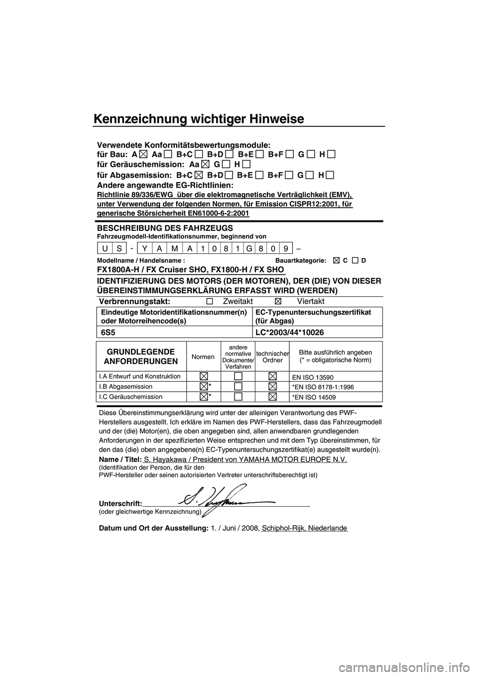 YAMAHA FX SHO 2009  Betriebsanleitungen (in German) Kennzeichnung wichtiger Hinweise
Diese Übereinstimmungserklärung wird unter der alleinigen Verantwortung des PWF-
Herstellers ausgestellt. Ich erkläre im Namen des PWF-Herstellers, dass das Fahrzeu