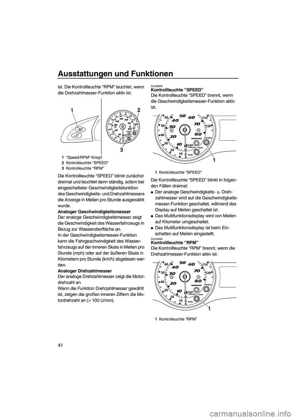 YAMAHA FX SHO 2009 Betriebsanleitungen (in German) Ausstattungen und Funktionen
41
ist. Die Kontrollleuchte “RPM” leuchtet, wenn
die Drehzahlmesser-Funktion aktiv ist.
Die Kontrollleuchte “SPEED” blinkt zunächst
dreimal und leuchtet dann st YAMAHA FX SHO 2009 Betriebsanleitungen (in German) Ausstattungen und Funktionen
41
ist. Die Kontrollleuchte “RPM” leuchtet, wenn
die Drehzahlmesser-Funktion aktiv ist.
Die Kontrollleuchte “SPEED” blinkt zunächst
dreimal und leuchtet dann st