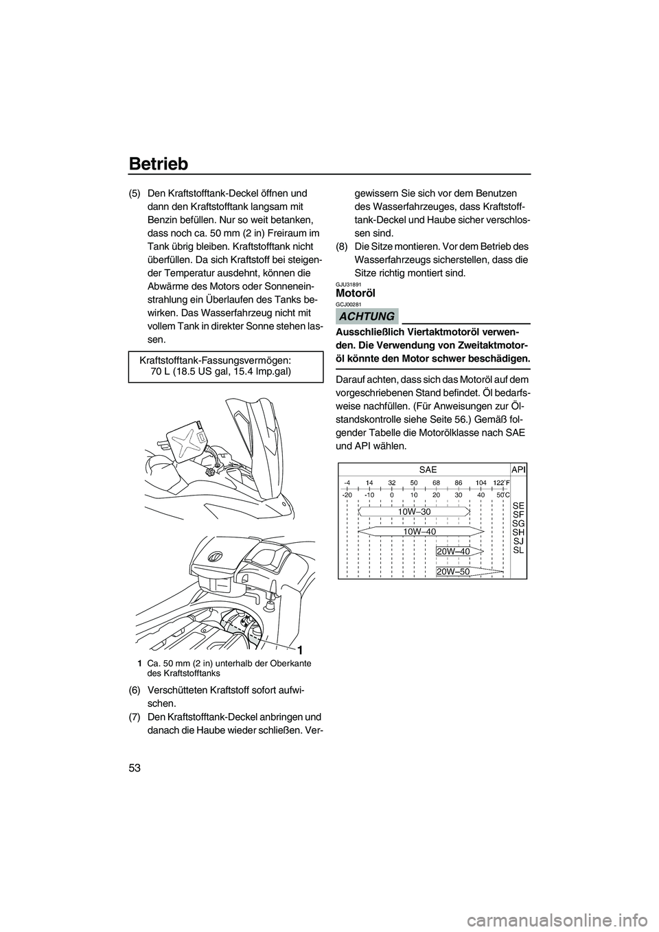 YAMAHA FX SHO 2009  Betriebsanleitungen (in German) Betrieb
53
(5) Den Kraftstofftank-Deckel öffnen und 
dann den Kraftstofftank langsam mit 
Benzin befüllen. Nur so weit betanken, 
dass noch ca. 50 mm (2 in) Freiraum im 
Tank übrig bleiben. Kraftst