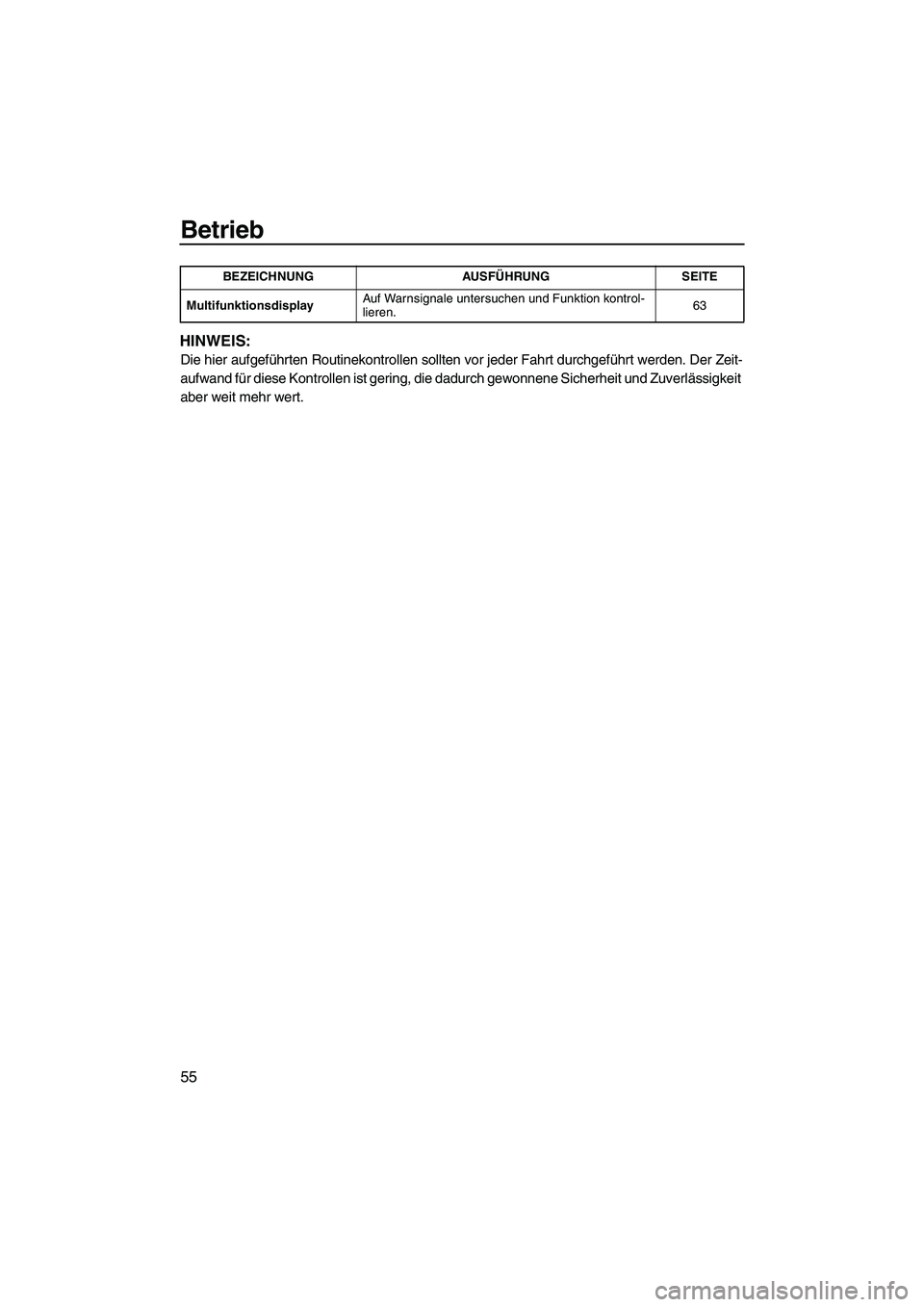 YAMAHA SVHO 2009 Betriebsanleitungen (in German) Betrieb
55
HINWEIS:
Die hier aufgeführten Routinekontrollen sollten vor jeder Fahrt durchgeführt werden. Der Zeit-
aufwand für diese Kontrollen ist gering, die dadurch gewonnene Sicherheit und Zuve YAMAHA SVHO 2009 Betriebsanleitungen (in German) Betrieb
55
HINWEIS:
Die hier aufgeführten Routinekontrollen sollten vor jeder Fahrt durchgeführt werden. Der Zeit-
aufwand für diese Kontrollen ist gering, die dadurch gewonnene Sicherheit und Zuve