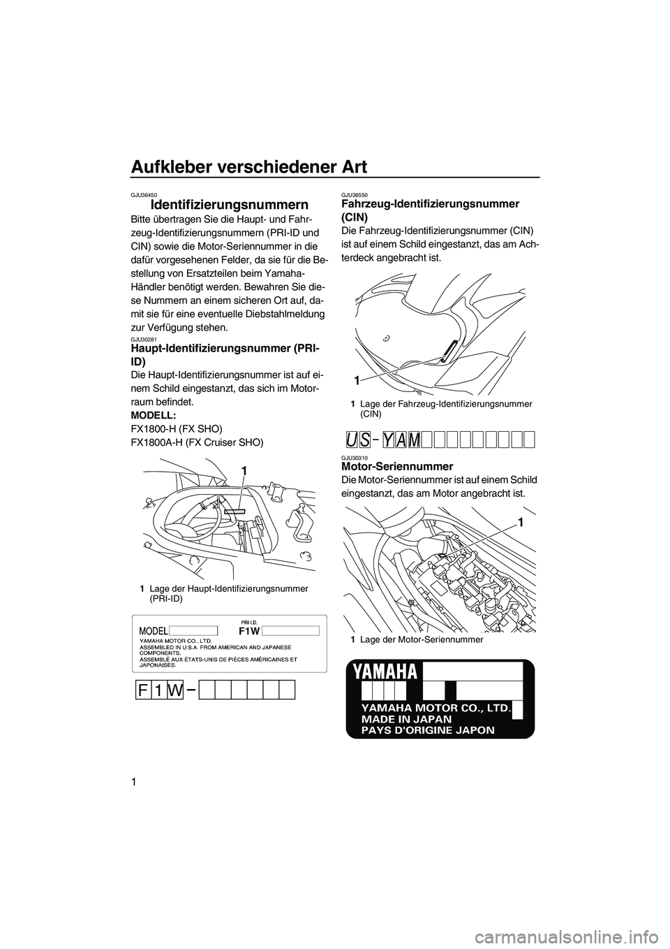YAMAHA FX SHO 2009 Betriebsanleitungen (in German) Aufkleber verschiedener Art
1
GJU36450
Identifizierungsnummern
Bitte übertragen Sie die Haupt- und Fahr-
zeug-Identifizierungsnummern (PRI-ID und
CIN) sowie die Motor-Seriennummer in die
dafür vo YAMAHA FX SHO 2009 Betriebsanleitungen (in German) Aufkleber verschiedener Art
1
GJU36450
Identifizierungsnummern
Bitte übertragen Sie die Haupt- und Fahr-
zeug-Identifizierungsnummern (PRI-ID und
CIN) sowie die Motor-Seriennummer in die
dafür vo