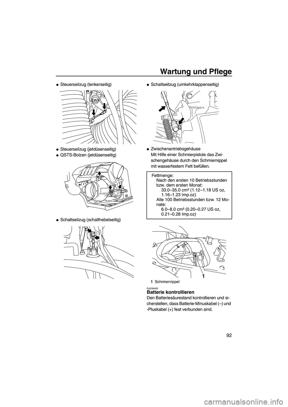YAMAHA FX SHO 2009  Betriebsanleitungen (in German) Wartung und Pflege
92
Steuerseilzug (lenkerseitig)
Steuerseilzug (jetdüsenseitig)
QSTS-Bolzen (jetdüsenseitig)
Schaltseilzug (schalthebelseitig)
Schaltseilzug (umkehrklappenseitig)
Zwischenant