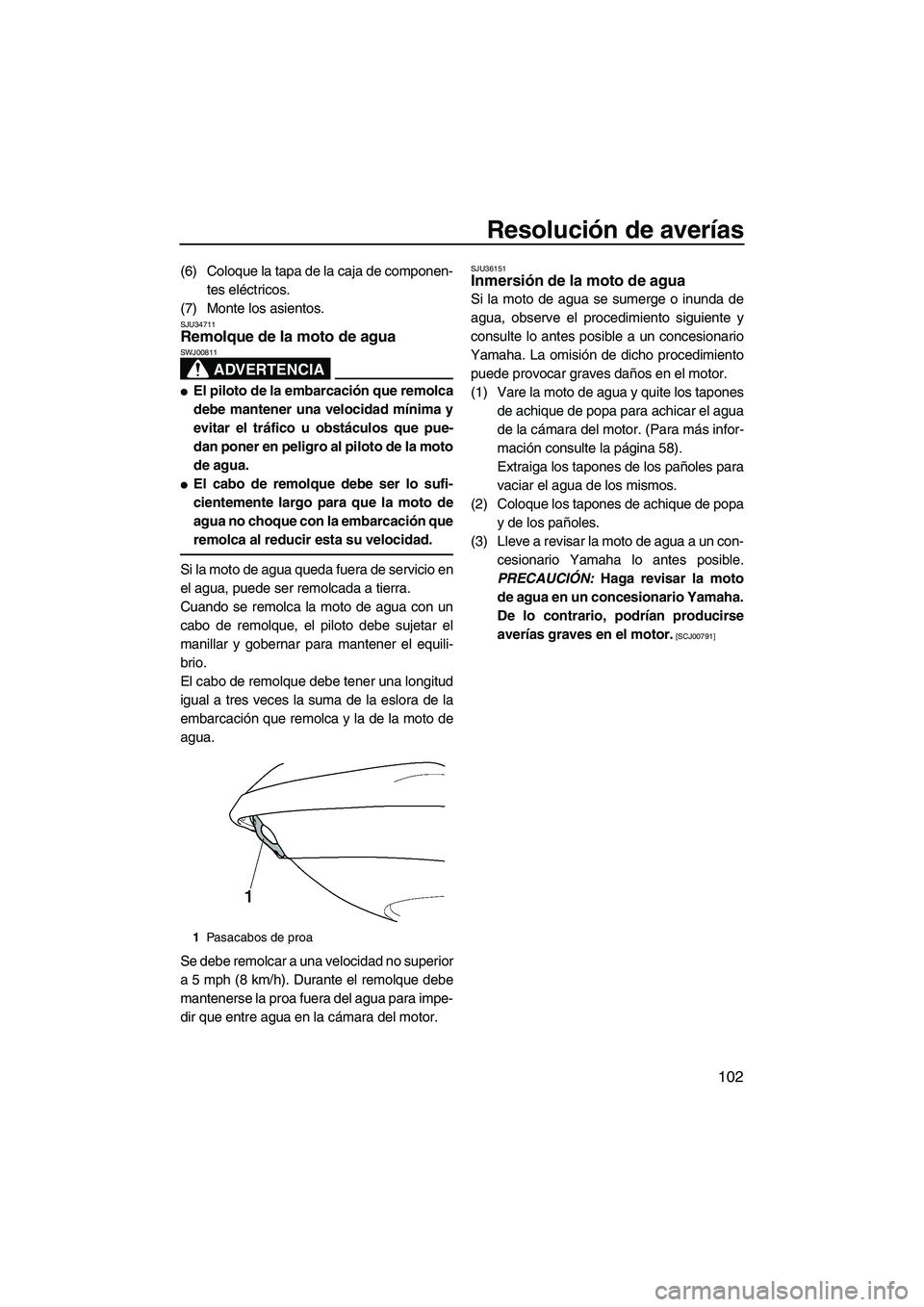 YAMAHA FX SHO 2009  Manuale de Empleo (in Spanish) Resolución de averías
102
(6) Coloque la tapa de la caja de componen-
tes eléctricos.
(7) Monte los asientos.
SJU34711Remolque de la moto de agua 
ADVERTENCIA
SWJ00811
El piloto de la embarcación