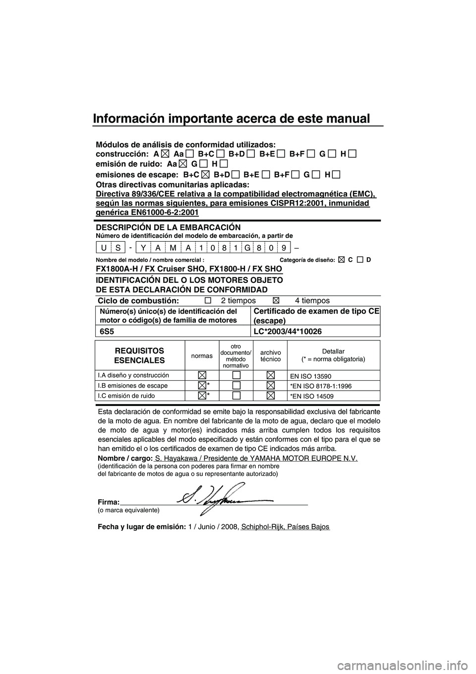 YAMAHA FX SHO 2009 Manuale de Empleo (in Spanish) Información importante acerca de este manual
Nombre / cargo:S. Hayakawa / Presidente de YAMAHA MOTOR EUROPE N.V.(identificación de la persona con poderes para firmar en nombre
del fabricante de moto YAMAHA FX SHO 2009 Manuale de Empleo (in Spanish) Información importante acerca de este manual
Nombre / cargo:S. Hayakawa / Presidente de YAMAHA MOTOR EUROPE N.V.(identificación de la persona con poderes para firmar en nombre
del fabricante de moto