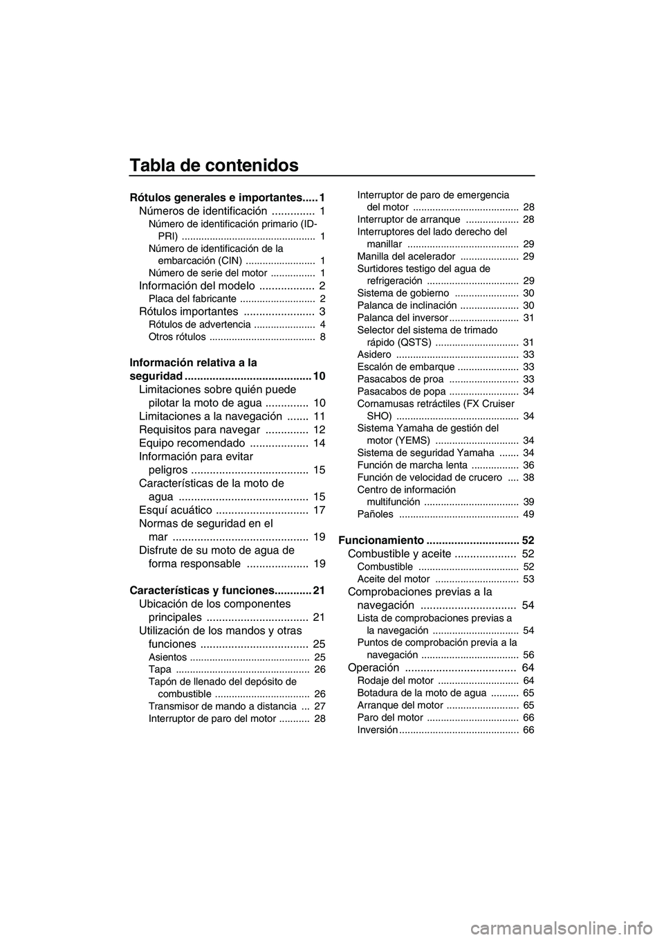YAMAHA FX SHO 2009 Manuale de Empleo (in Spanish) Tabla de contenidos
Rótulos generales e importantes..... 1
Números de identificación .............. 1
Número de identificación primario (ID-
PRI) ............................................... YAMAHA FX SHO 2009 Manuale de Empleo (in Spanish) Tabla de contenidos
Rótulos generales e importantes..... 1
Números de identificación .............. 1
Número de identificación primario (ID-
PRI) ...............................................