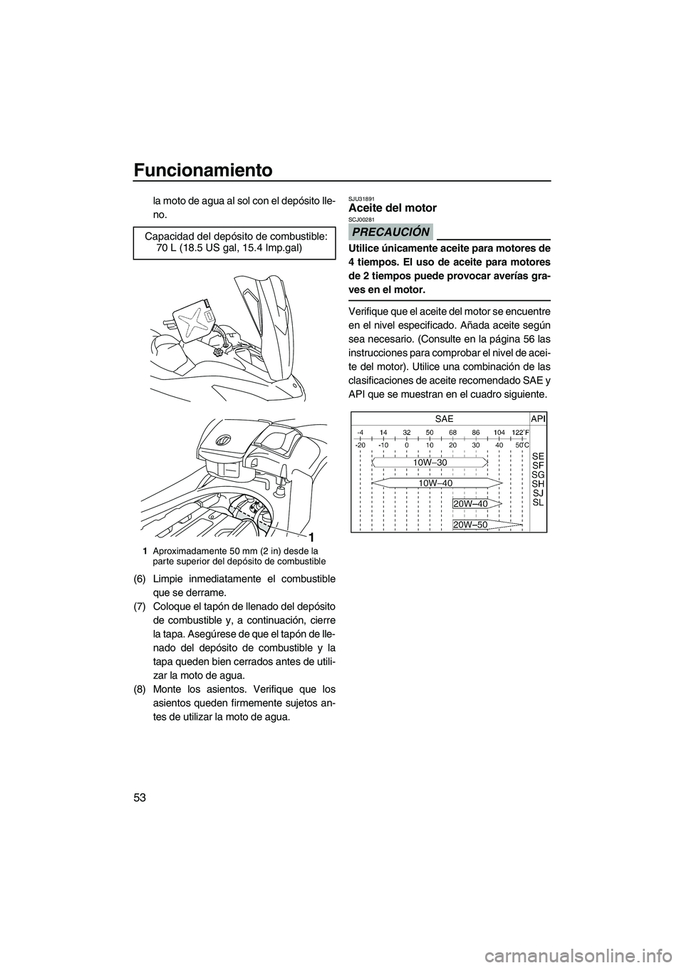 YAMAHA FX SHO 2009  Manuale de Empleo (in Spanish) Funcionamiento
53
la moto de agua al sol con el depósito lle-
no.
(6) Limpie inmediatamente el combustible
que se derrame.
(7) Coloque el tapón de llenado del depósito
de combustible y, a continuac