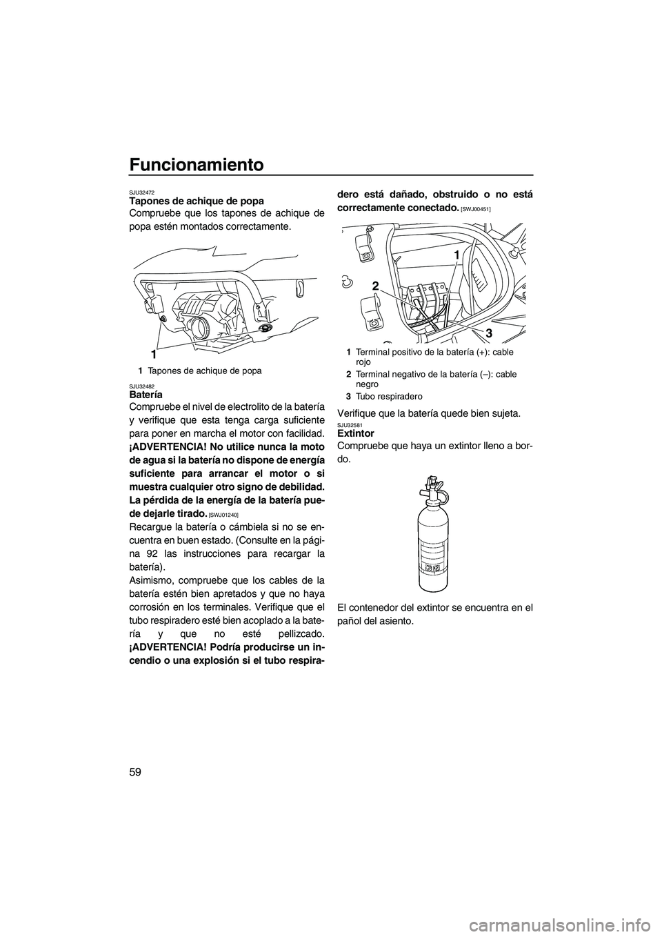 YAMAHA FX SHO 2009  Manuale de Empleo (in Spanish) Funcionamiento
59
SJU32472Tapones de achique de popa 
Compruebe que los tapones de achique de
popa estén montados correctamente.
SJU32482Batería 
Compruebe el nivel de electrolito de la batería
y v