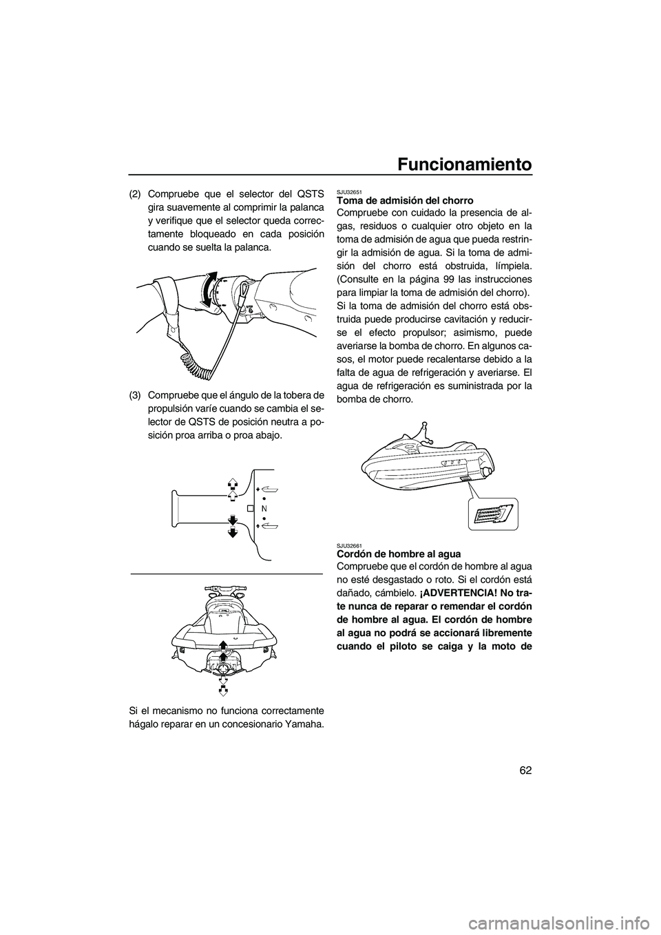 YAMAHA FX SHO 2009  Manuale de Empleo (in Spanish) Funcionamiento
62
(2) Compruebe que el selector del QSTS
gira suavemente al comprimir la palanca
y verifique que el selector queda correc-
tamente bloqueado en cada posición
cuando se suelta la palan