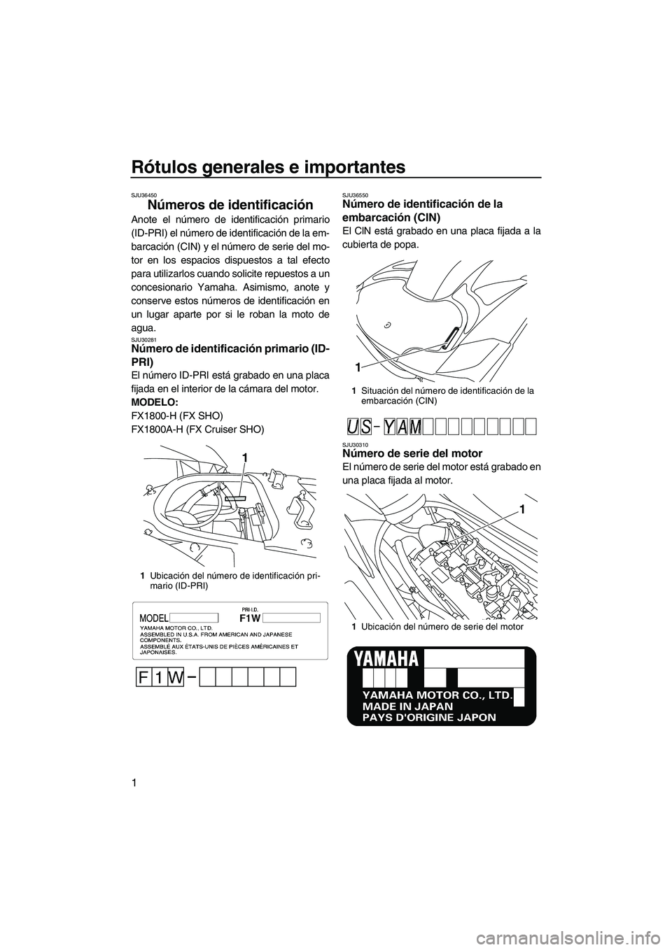 YAMAHA FX SHO 2009 Manuale de Empleo (in Spanish) Rótulos generales e importantes
1
SJU36450
Números de identificación
Anote el número de identificación primario
(ID-PRI) el número de identificación de la em-
barcación (CIN) y el número de YAMAHA FX SHO 2009 Manuale de Empleo (in Spanish) Rótulos generales e importantes
1
SJU36450
Números de identificación
Anote el número de identificación primario
(ID-PRI) el número de identificación de la em-
barcación (CIN) y el número de