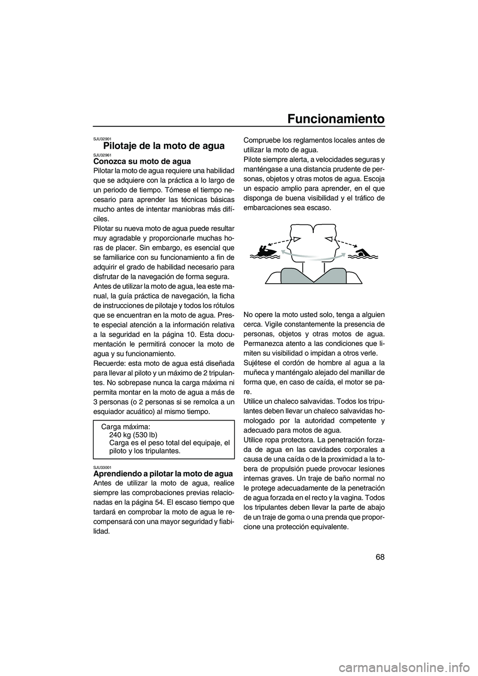 YAMAHA FX SHO 2009  Manuale de Empleo (in Spanish) Funcionamiento
68
SJU32901
Pilotaje de la moto de agua SJU32961Conozca su moto de agua 
Pilotar la moto de agua requiere una habilidad
que se adquiere con la práctica a lo largo de
un periodo de tiem