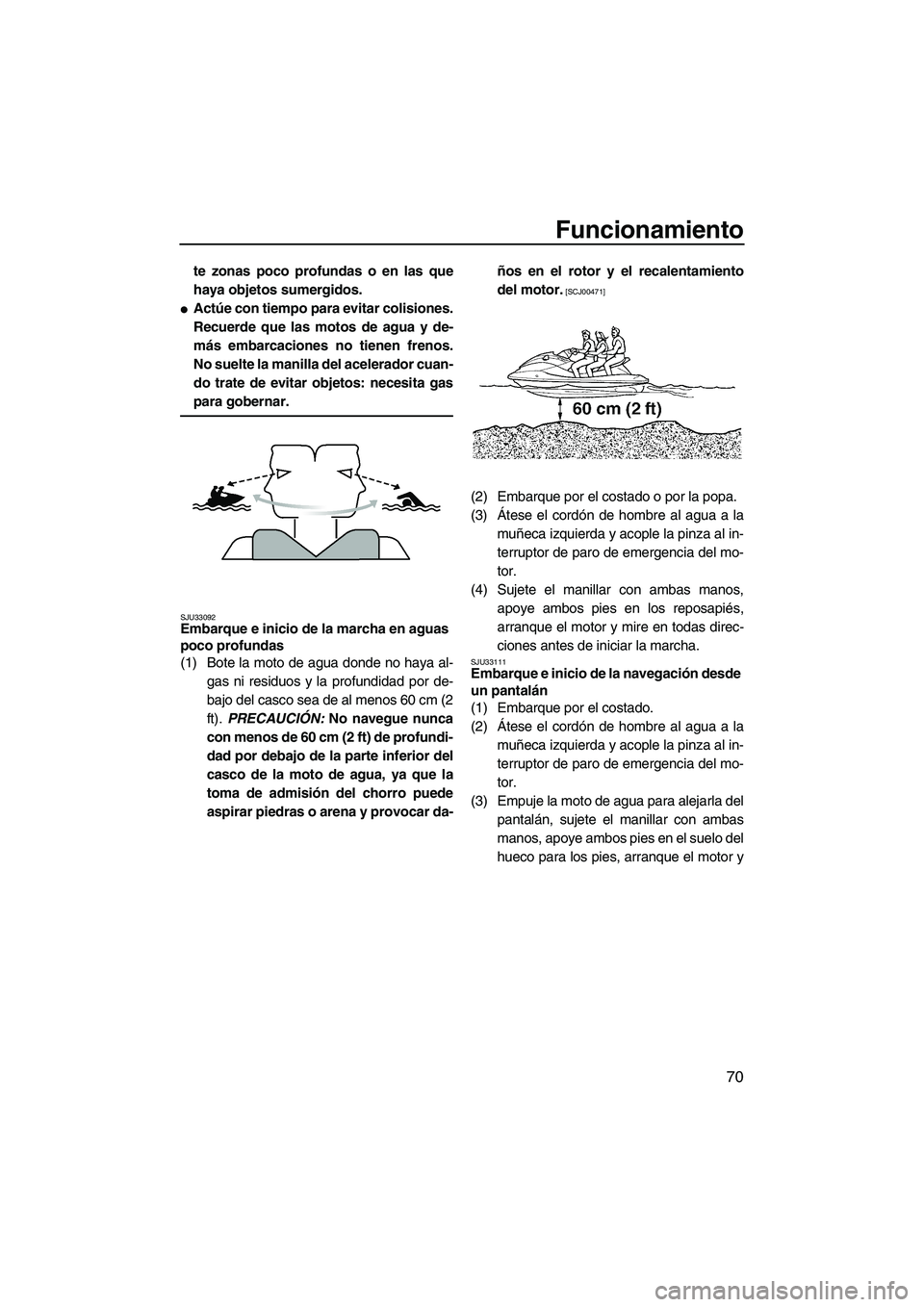 YAMAHA FX SHO 2009  Manuale de Empleo (in Spanish) Funcionamiento
70
te zonas poco profundas o en las que
haya objetos sumergidos.
Actúe con tiempo para evitar colisiones.
Recuerde que las motos de agua y de-
más embarcaciones no tienen frenos.
No 