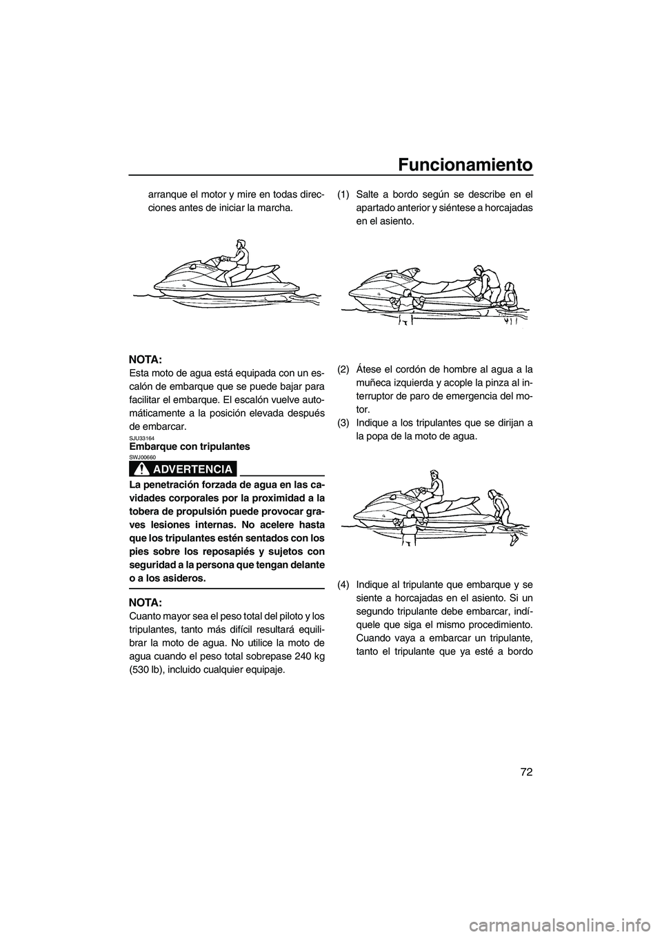 YAMAHA FX SHO 2009  Manuale de Empleo (in Spanish) Funcionamiento
72
arranque el motor y mire en todas direc-
ciones antes de iniciar la marcha.
NOTA:
Esta moto de agua está equipada con un es-
calón de embarque que se puede bajar para
facilitar el 