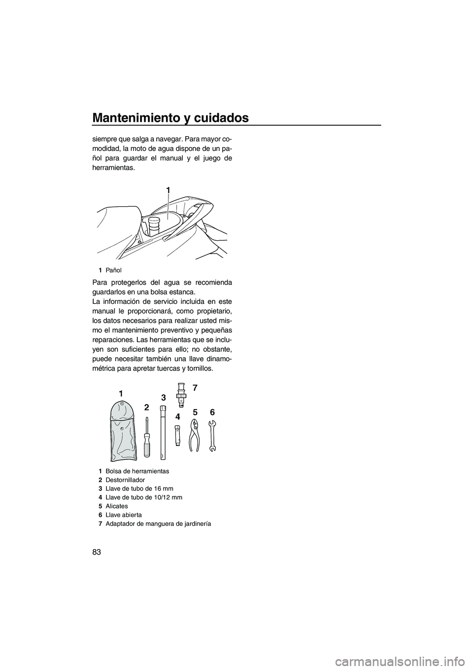 YAMAHA FX SHO 2009  Manuale de Empleo (in Spanish) Mantenimiento y cuidados
83
siempre que salga a navegar. Para mayor co-
modidad, la moto de agua dispone de un pa-
ñol para guardar el manual y el juego de
herramientas.
Para protegerlos del agua se 