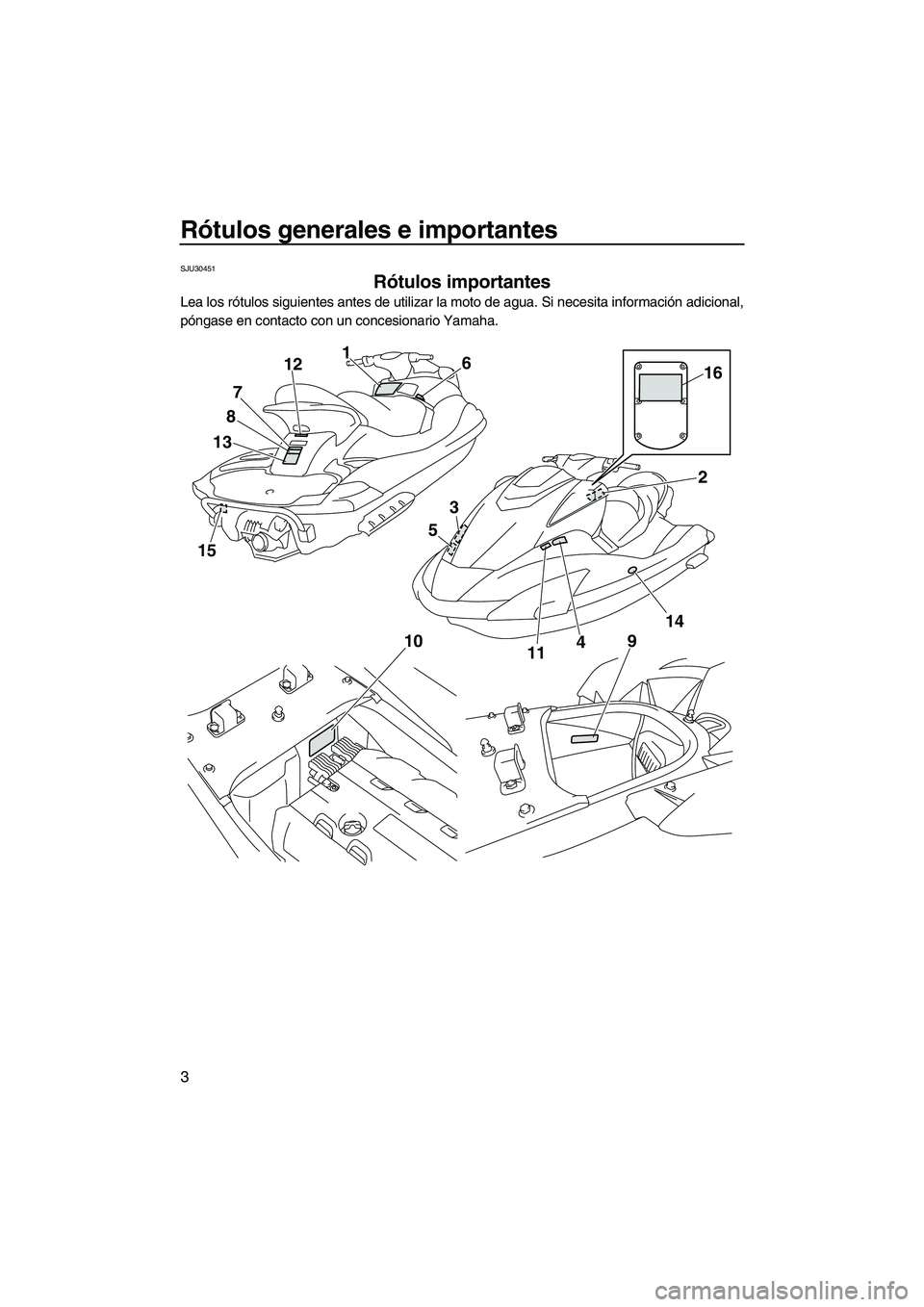 YAMAHA FX SHO 2009  Manuale de Empleo (in Spanish) Rótulos generales e importantes
3
SJU30451
Rótulos importantes 
Lea los rótulos siguientes antes de utilizar la moto de agua. Si necesita información adicional,
póngase en contacto con un concesi