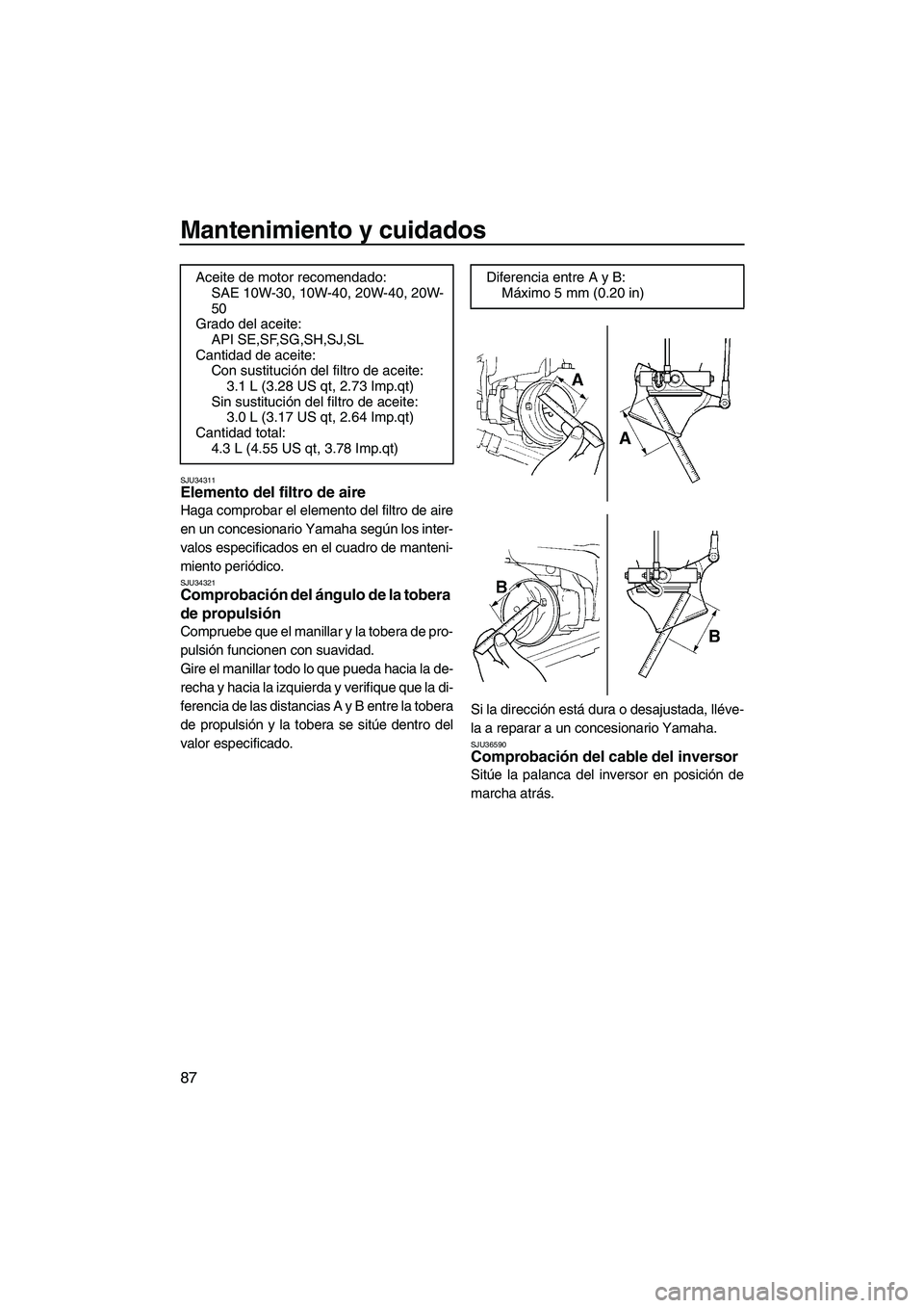 YAMAHA FX SHO 2009  Manuale de Empleo (in Spanish) Mantenimiento y cuidados
87
SJU34311Elemento del filtro de aire 
Haga comprobar el elemento del filtro de aire
en un concesionario Yamaha según los inter-
valos especificados en el cuadro de manteni-