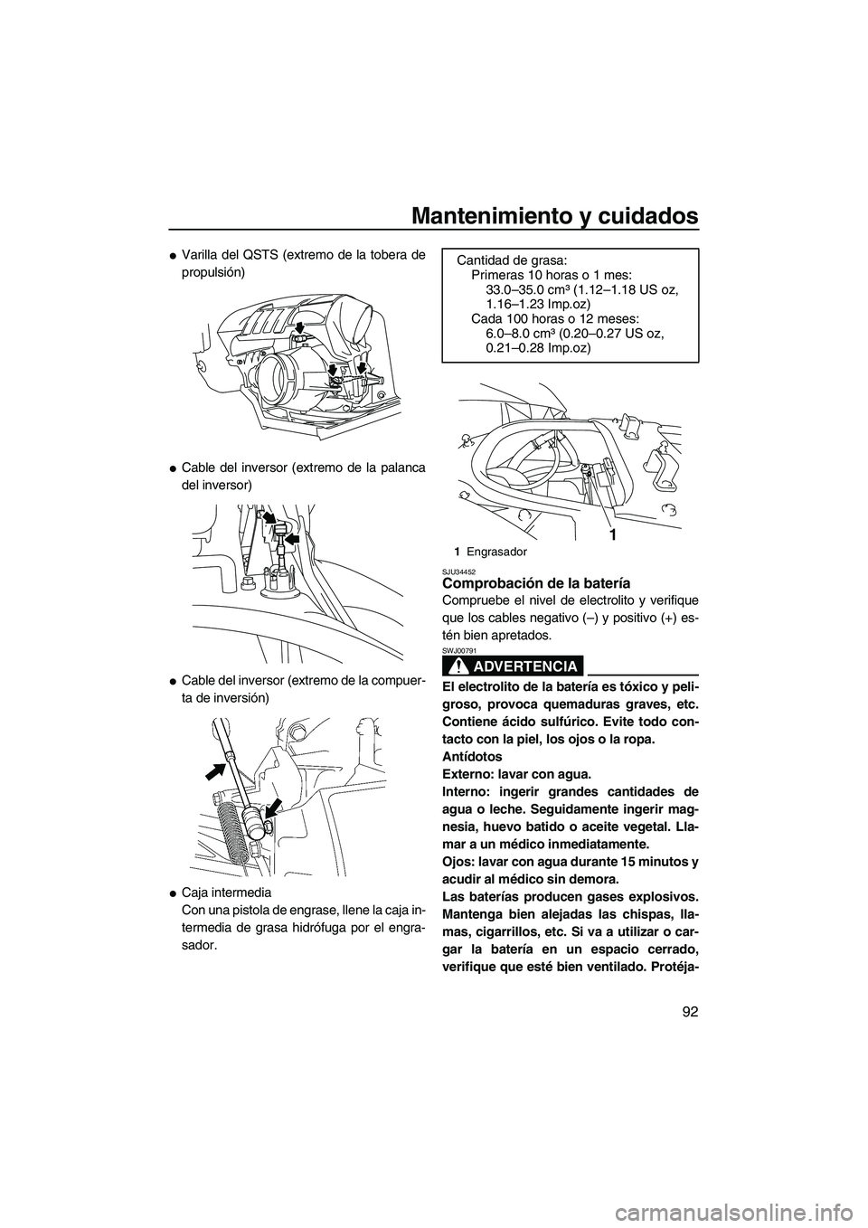 YAMAHA FX SHO 2009  Manuale de Empleo (in Spanish) Mantenimiento y cuidados
92
Varilla del QSTS (extremo de la tobera de
propulsión)
Cable del inversor (extremo de la palanca
del inversor)
Cable del inversor (extremo de la compuer-
ta de inversió