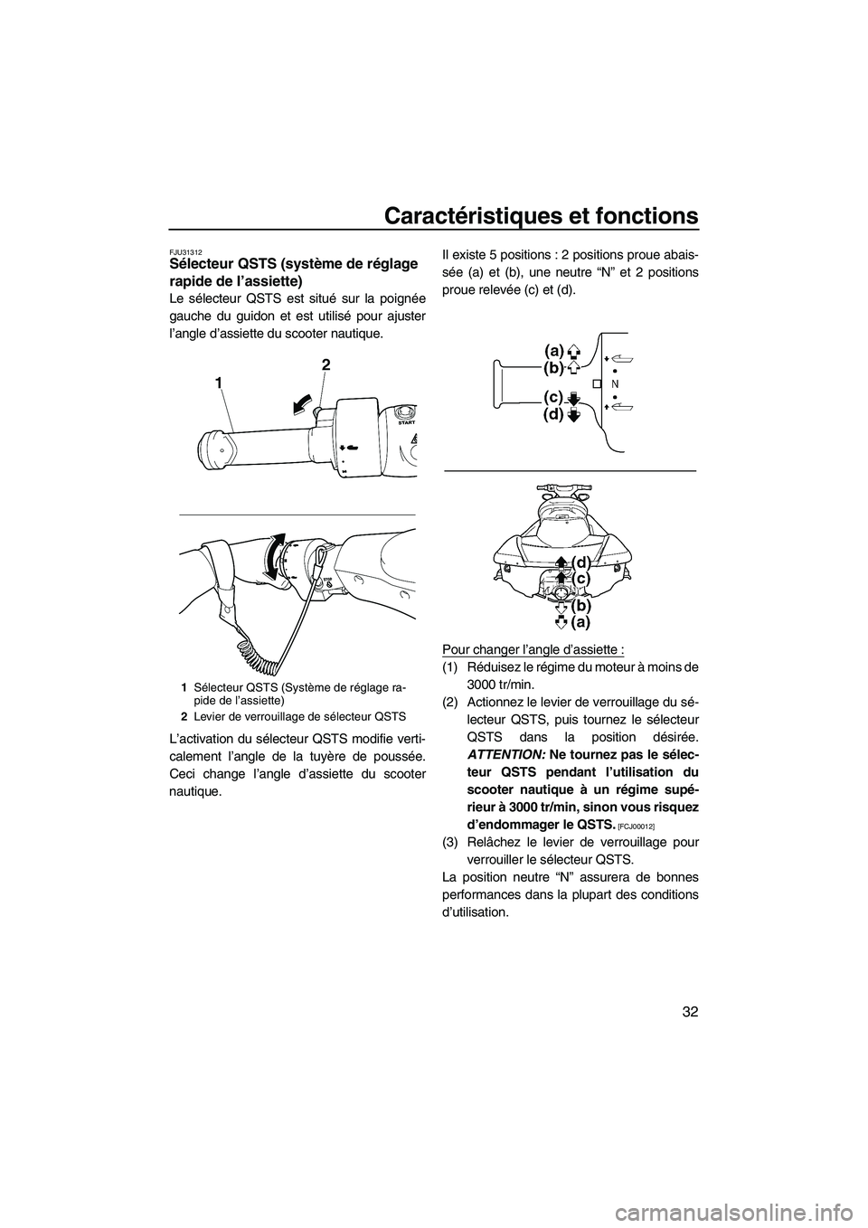 YAMAHA SVHO 2009  Notices Demploi (in French) Caractéristiques et fonctions
32
FJU31312Sélecteur QSTS (système de réglage 
rapide de l’assiette) 
Le sélecteur QSTS est situé sur la poignée
gauche du guidon et est utilisé pour ajuster
l