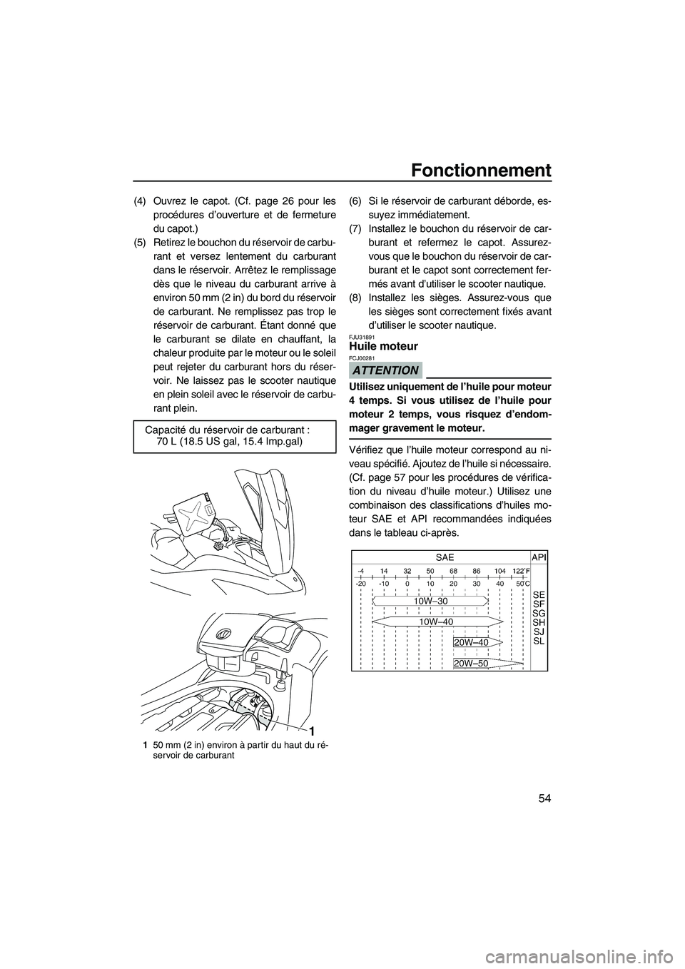 YAMAHA SVHO 2009 Notices Demploi (in French) Fonctionnement
54
(4) Ouvrez le capot. (Cf. page 26 pour les
procédures d’ouverture et de fermeture
du capot.)
(5) Retirez le bouchon du réservoir de carbu-
rant et versez lentement du carburant
d YAMAHA SVHO 2009 Notices Demploi (in French) Fonctionnement
54
(4) Ouvrez le capot. (Cf. page 26 pour les
procédures d’ouverture et de fermeture
du capot.)
(5) Retirez le bouchon du réservoir de carbu-
rant et versez lentement du carburant
d