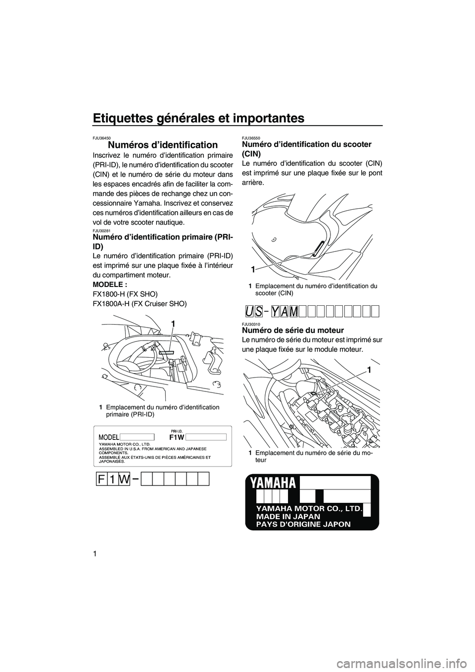 YAMAHA FX SHO 2009 Notices Demploi (in French) Etiquettes générales et importantes
1
FJU36450
Numéros d’identification
Inscrivez le numéro d’identification primaire
(PRI-ID), le numéro d’identification du scooter
(CIN) et le numéro de YAMAHA FX SHO 2009 Notices Demploi (in French) Etiquettes générales et importantes
1
FJU36450
Numéros d’identification
Inscrivez le numéro d’identification primaire
(PRI-ID), le numéro d’identification du scooter
(CIN) et le numéro de