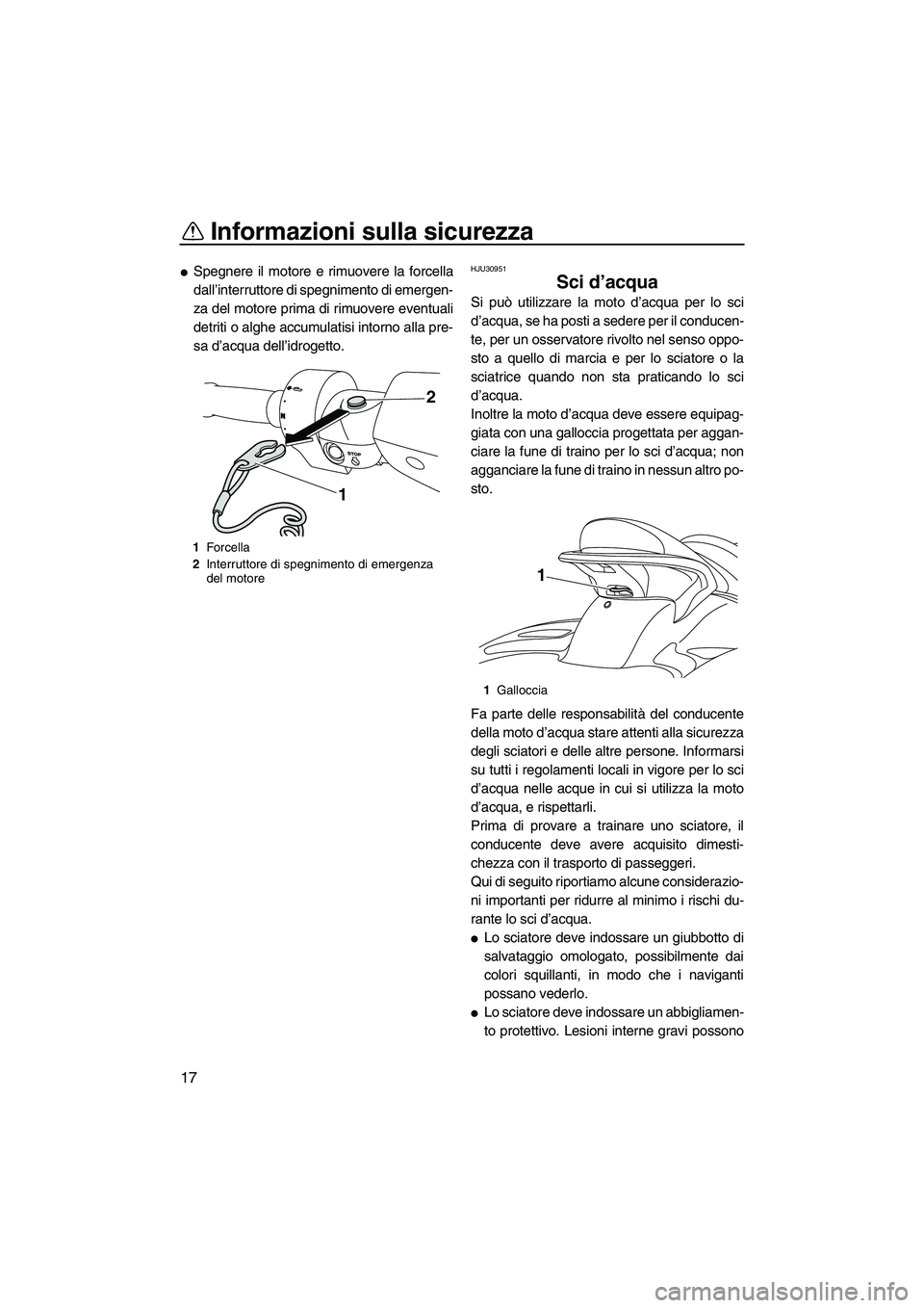YAMAHA FX SHO 2009  Manuale duso (in Italian) Informazioni sulla sicurezza
17
Spegnere il motore e rimuovere la forcella
dall’interruttore di spegnimento di emergen-
za del motore prima di rimuovere eventuali
detriti o alghe accumulatisi intor