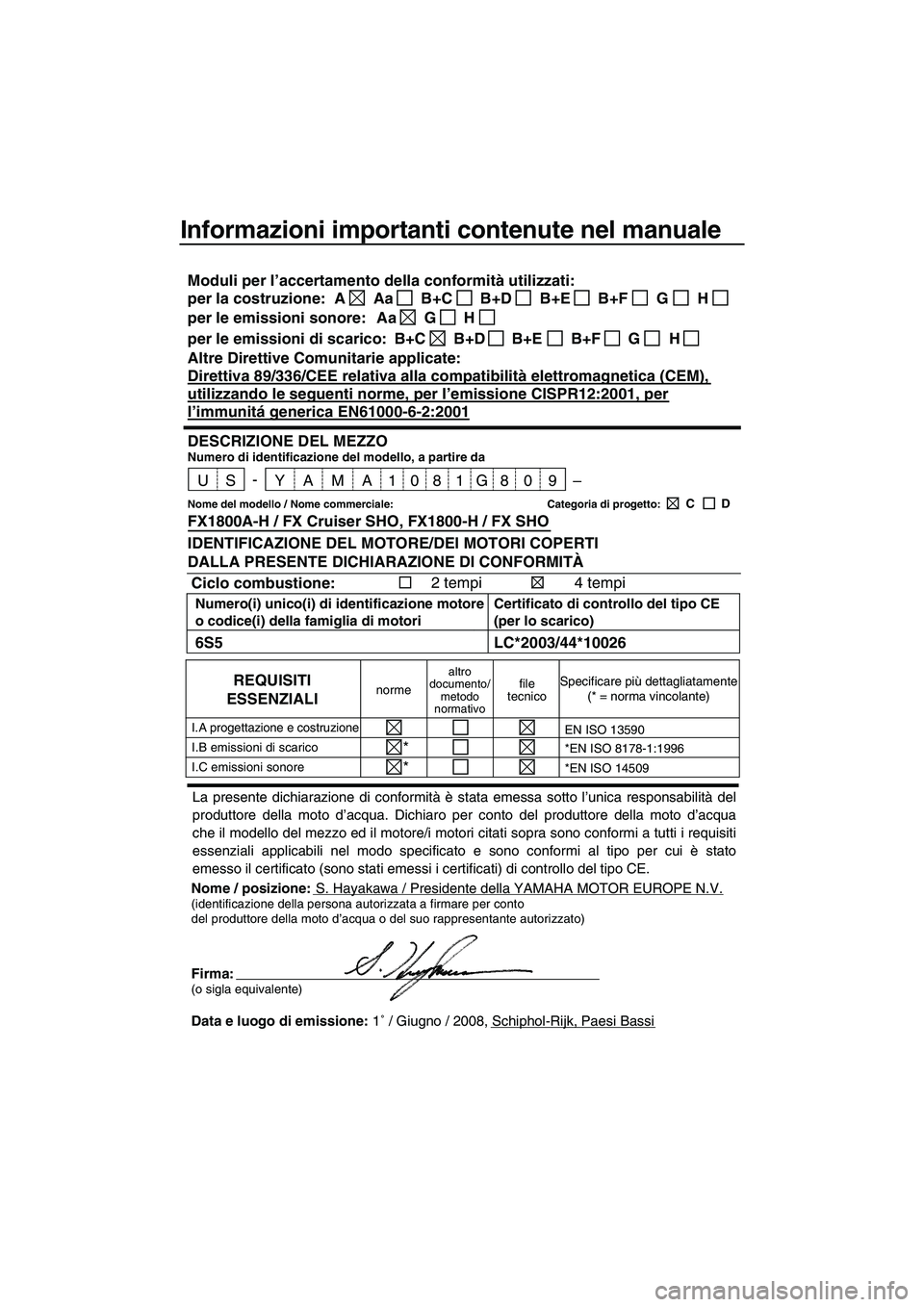 YAMAHA FX SHO 2009 Manuale duso (in Italian) Informazioni importanti contenute nel manuale
Nome / posizione:S. Hayakawa / Presidente della YAMAHA MOTOR EUROPE N.V.(identificazione della persona autorizzata a firmare per conto
del produttore dell YAMAHA FX SHO 2009 Manuale duso (in Italian) Informazioni importanti contenute nel manuale
Nome / posizione:S. Hayakawa / Presidente della YAMAHA MOTOR EUROPE N.V.(identificazione della persona autorizzata a firmare per conto
del produttore dell