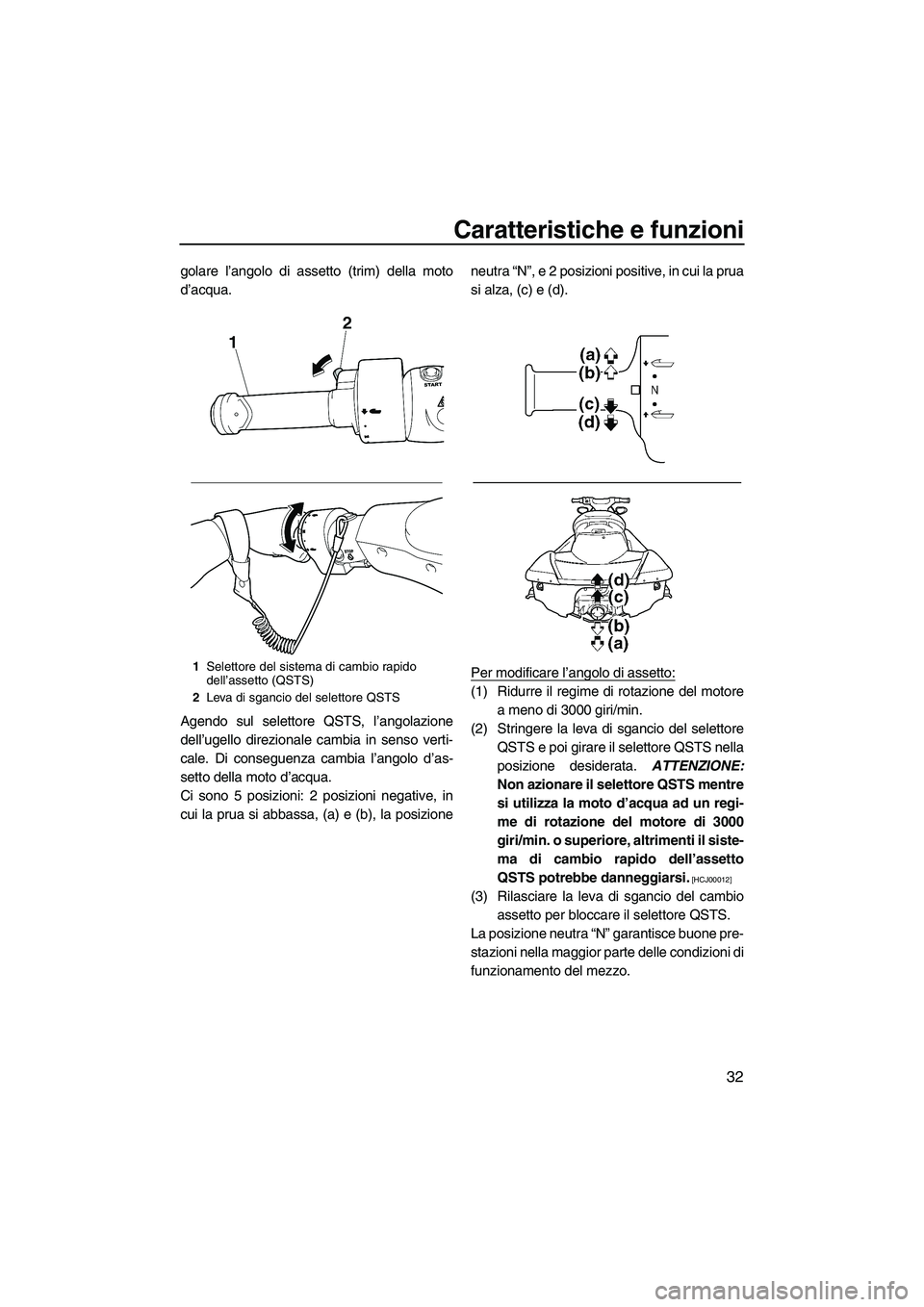 YAMAHA FX SHO 2009  Manuale duso (in Italian) Caratteristiche e funzioni
32
golare l’angolo di assetto (trim) della moto
d’acqua.
Agendo sul selettore QSTS, l’angolazione
dell’ugello direzionale cambia in senso verti-
cale. Di conseguenza