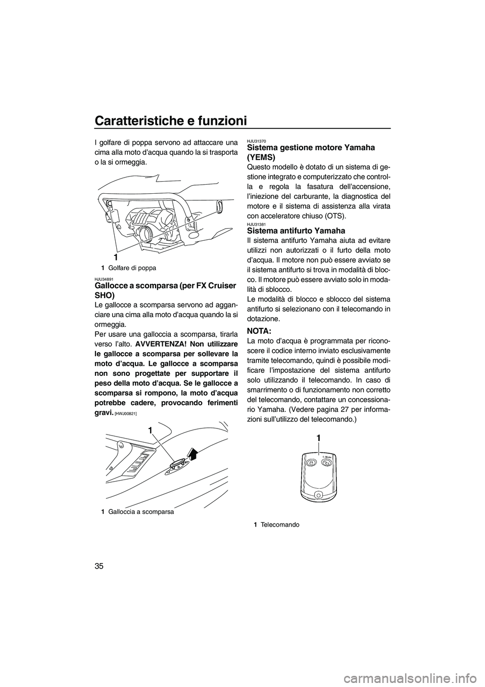 YAMAHA SVHO 2009  Manuale duso (in Italian) Caratteristiche e funzioni
35
I golfare di poppa servono ad attaccare una
cima alla moto d’acqua quando la si trasporta
o la si ormeggia.
HJU34891Gallocce a scomparsa (per FX Cruiser 
SHO) 
Le gallo