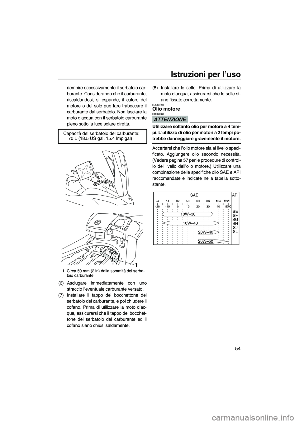 YAMAHA FX SHO 2009 Manuale duso (in Italian) Istruzioni per l’uso
54
riempire eccessivamente il serbatoio car-
burante. Considerando che il carburante,
riscaldandosi, si espande, il calore del
motore o del sole può fare traboccare il
carburan YAMAHA FX SHO 2009 Manuale duso (in Italian) Istruzioni per l’uso
54
riempire eccessivamente il serbatoio car-
burante. Considerando che il carburante,
riscaldandosi, si espande, il calore del
motore o del sole può fare traboccare il
carburan