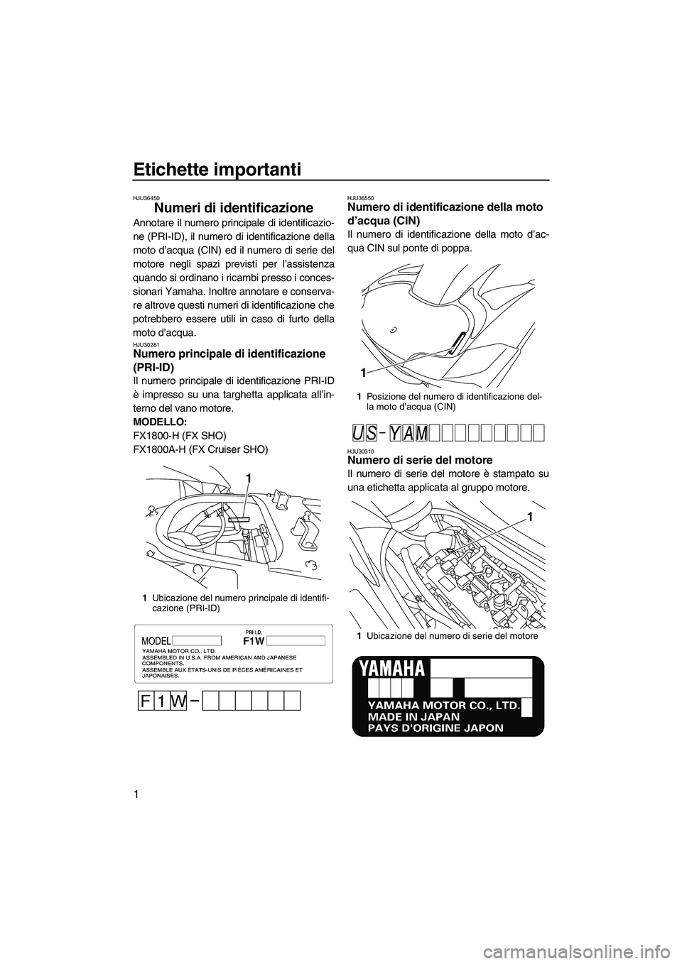 YAMAHA FX SHO 2009 Manuale duso (in Italian) Etichette importanti
1
HJU36450
Numeri di identificazione
Annotare il numero principale di identificazio-
ne (PRI-ID), il numero di identificazione della
moto d’acqua (CIN) ed il numero di serie de YAMAHA FX SHO 2009 Manuale duso (in Italian) Etichette importanti
1
HJU36450
Numeri di identificazione
Annotare il numero principale di identificazio-
ne (PRI-ID), il numero di identificazione della
moto d’acqua (CIN) ed il numero di serie de