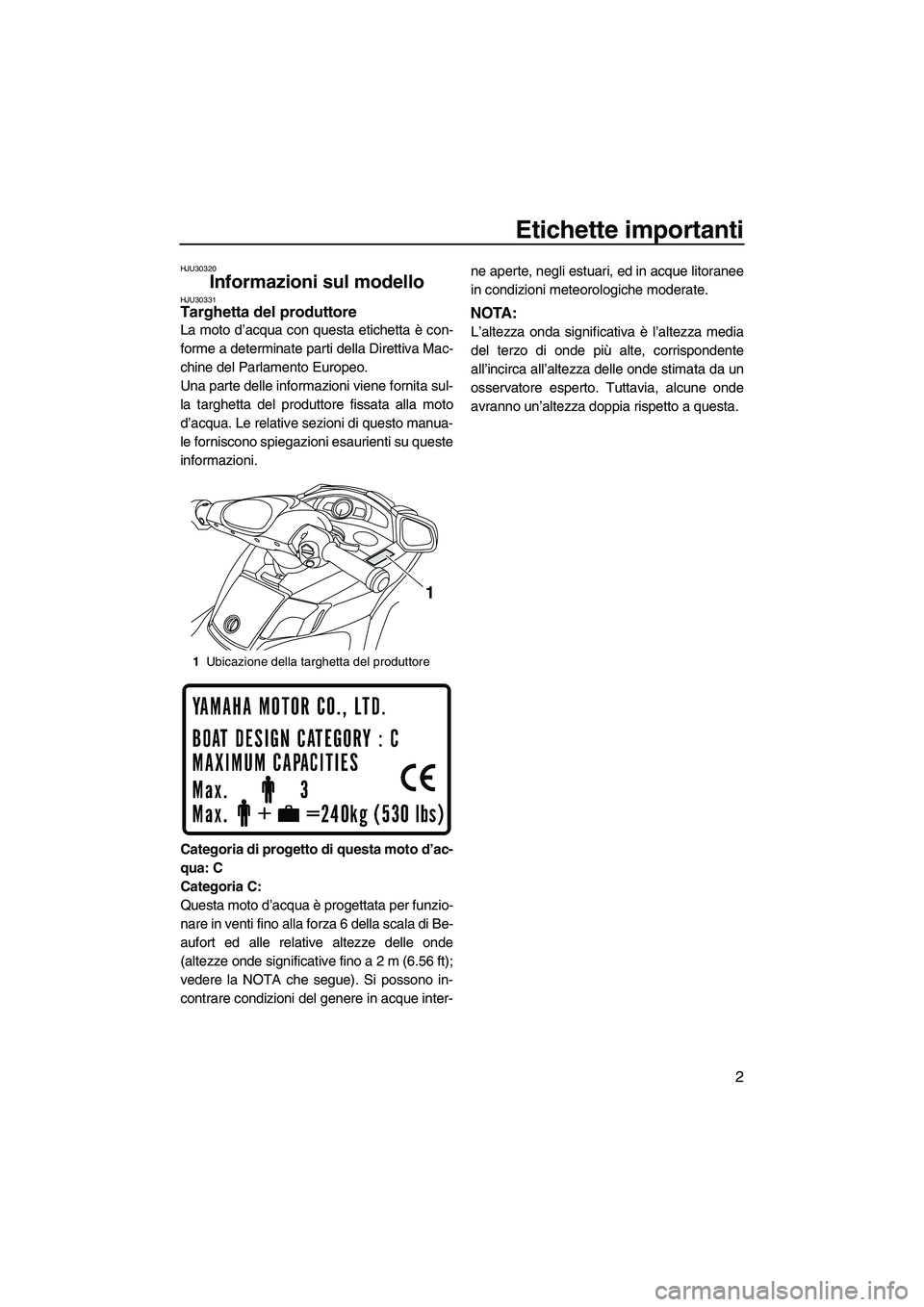 YAMAHA SVHO 2009  Manuale duso (in Italian) Etichette importanti
2
HJU30320
Informazioni sul modello HJU30331Targhetta del produttore 
La moto d’acqua con questa etichetta è con-
forme a determinate parti della Direttiva Mac-
chine del Parla