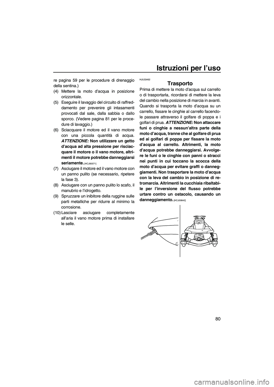 YAMAHA FX SHO 2009  Manuale duso (in Italian) Istruzioni per l’uso
80
re pagina 59 per le procedure di drenaggio
della sentina.)
(4) Mettere la moto d’acqua in posizione
orizzontale.
(5) Eseguire il lavaggio del circuito di raffred-
damento p