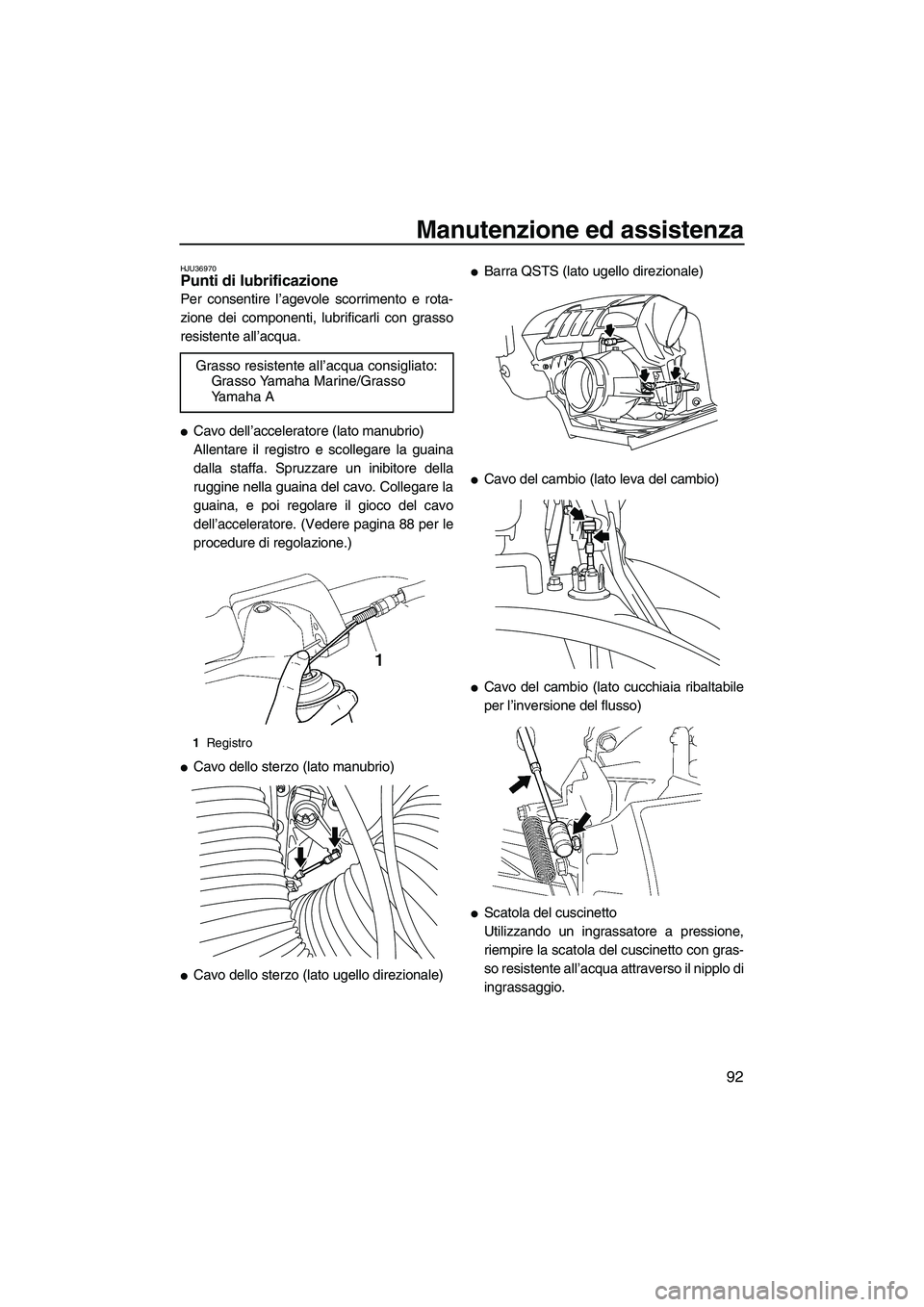 YAMAHA FX SHO 2009  Manuale duso (in Italian) Manutenzione ed assistenza
92
HJU36970Punti di lubrificazione 
Per consentire l’agevole scorrimento e rota-
zione dei componenti, lubrificarli con grasso
resistente all’acqua.
Cavo dell’acceler