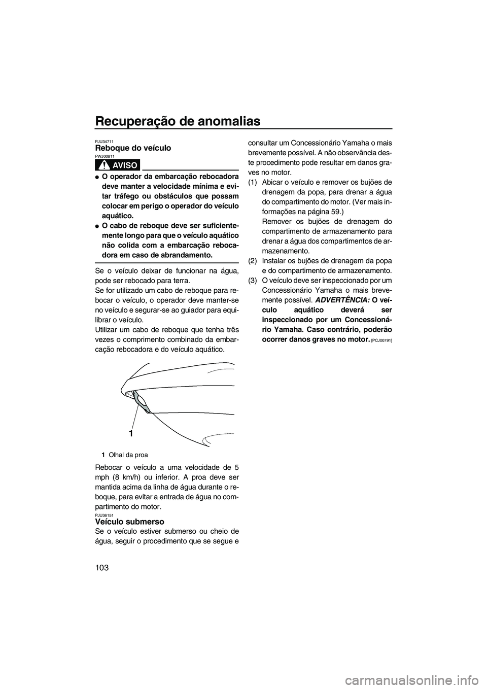 YAMAHA SVHO 2009  Manual de utilização (in Portuguese) Recuperação de anomalias
103
PJU34711Reboque do veículo 
AV I S O
PWJ00811
O operador da embarcação rebocadora
deve manter a velocidade mínima e evi-
tar tráfego ou obstáculos que possam
colo
