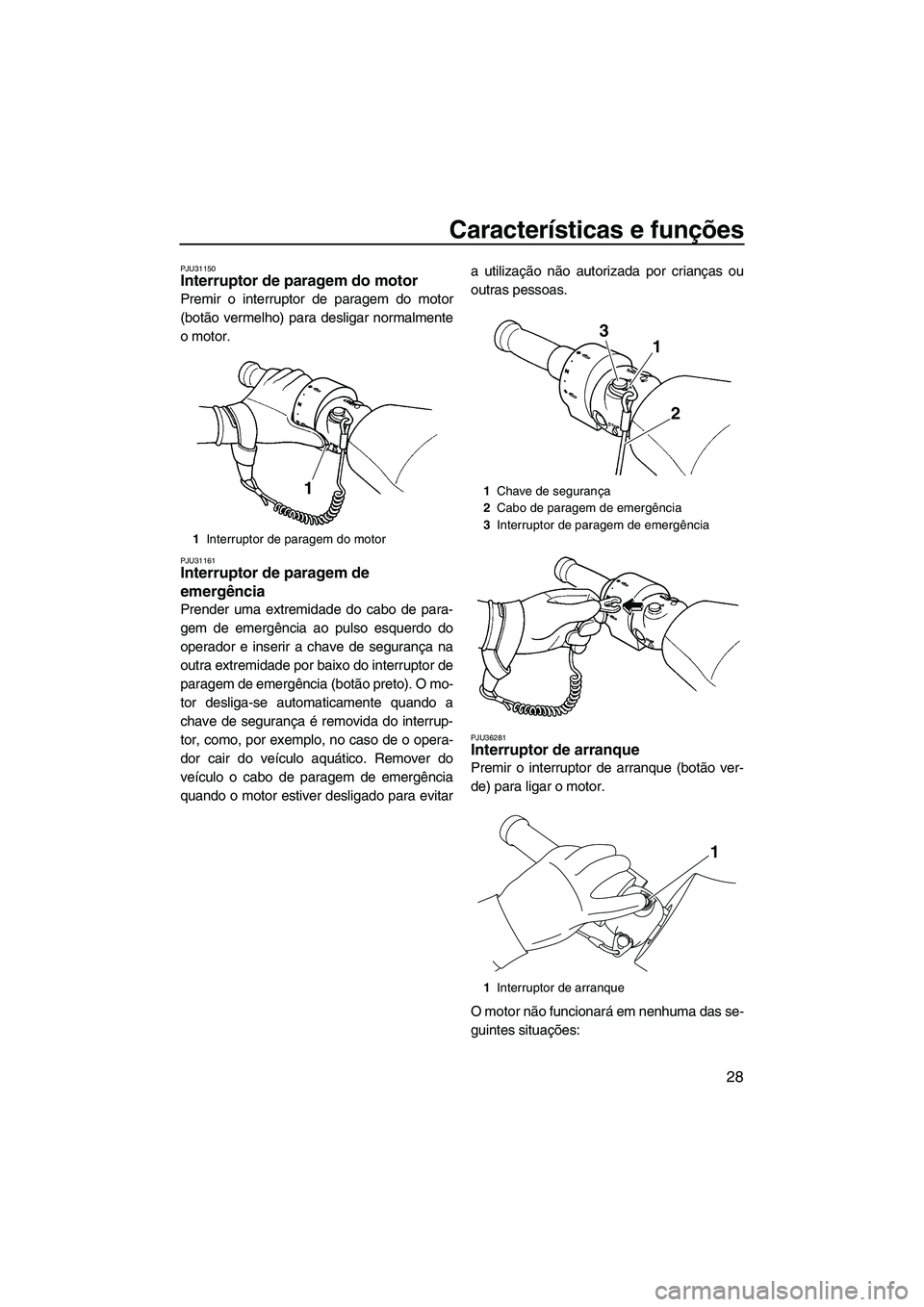 YAMAHA SVHO 2009  Manual de utilização (in Portuguese) Características e funções
28
PJU31150Interruptor de paragem do motor 
Premir o interruptor de paragem do motor
(botão vermelho) para desligar normalmente
o motor.
PJU31161Interruptor de paragem de