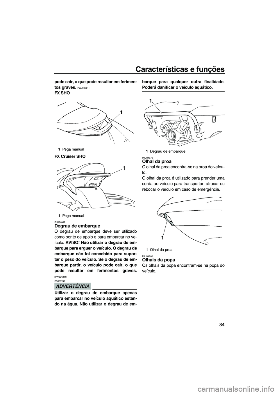 YAMAHA SVHO 2009  Manual de utilização (in Portuguese) Características e funções
34
pode cair, o que pode resultar em ferimen-
tos graves.
 [PWJ00021]
FX SHO
FX Cruiser SHO
PJU34862Degrau de embarque 
O degrau de embarque deve ser utilizado
como ponto 