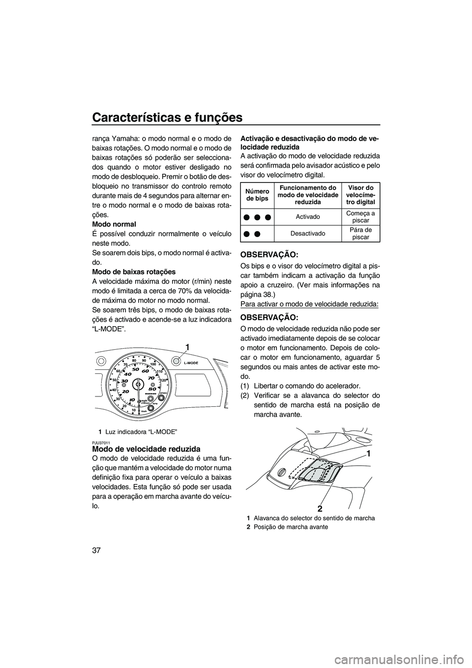 YAMAHA SVHO 2009  Manual de utilização (in Portuguese) Características e funções
37
rança Yamaha: o modo normal e o modo de
baixas rotações. O modo normal e o modo de
baixas rotações só poderão ser selecciona-
dos quando o motor estiver desligad
