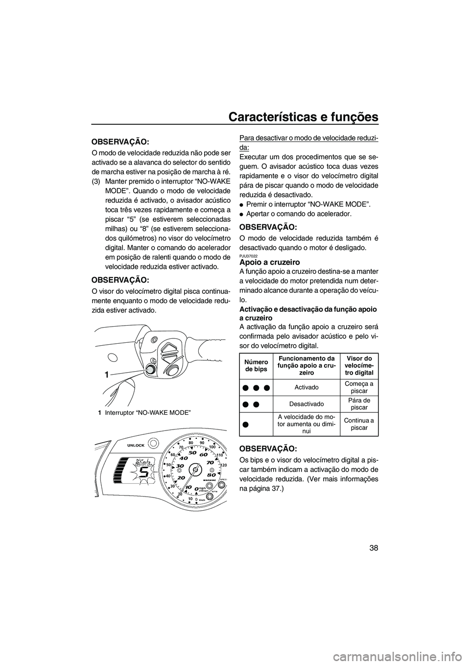 YAMAHA SVHO 2009  Manual de utilização (in Portuguese) Características e funções
38
OBSERVAÇÃO:
O modo de velocidade reduzida não pode ser
activado se a alavanca do selector do sentido
de marcha estiver na posição de marcha à ré.
(3) Manter prem