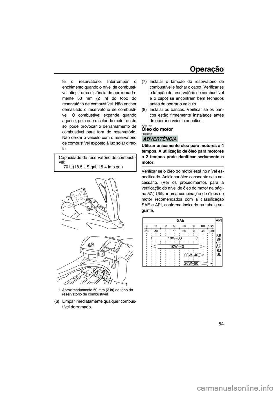 YAMAHA SVHO 2009 Manual de utilização (in Portuguese) Operação
54
te o reservatório. Interromper o
enchimento quando o nível de combustí-
vel atingir uma distância de aproximada-
mente 50 mm (2 in) do topo do
reservatório de combustível. Não enc YAMAHA SVHO 2009 Manual de utilização (in Portuguese) Operação
54
te o reservatório. Interromper o
enchimento quando o nível de combustí-
vel atingir uma distância de aproximada-
mente 50 mm (2 in) do topo do
reservatório de combustível. Não enc
