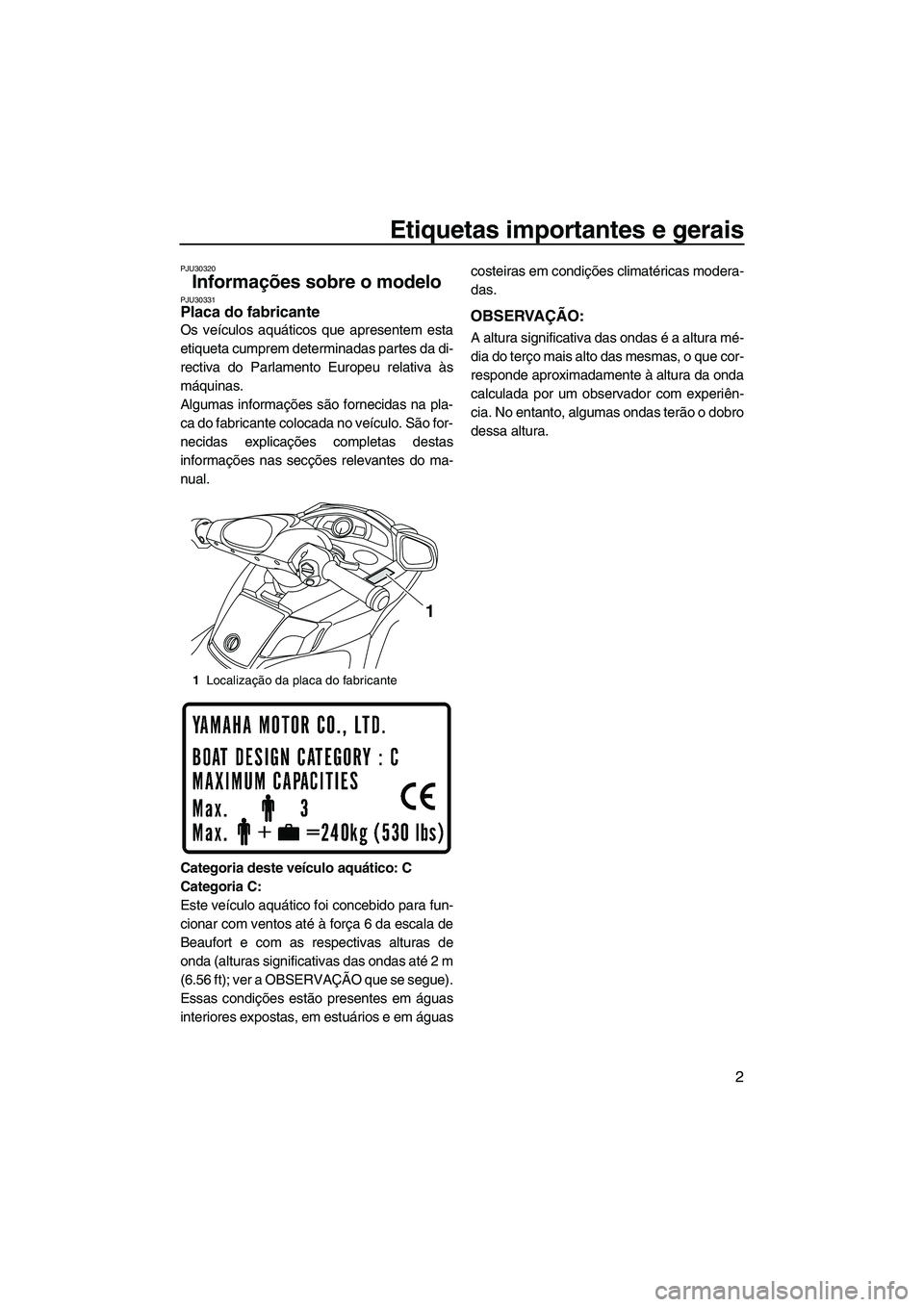 YAMAHA FX SHO 2009  Manual de utilização (in Portuguese) Etiquetas importantes e gerais
2
PJU30320
Informações sobre o modelo PJU30331Placa do fabricante 
Os veículos aquáticos que apresentem esta
etiqueta cumprem determinadas partes da di-
rectiva do P