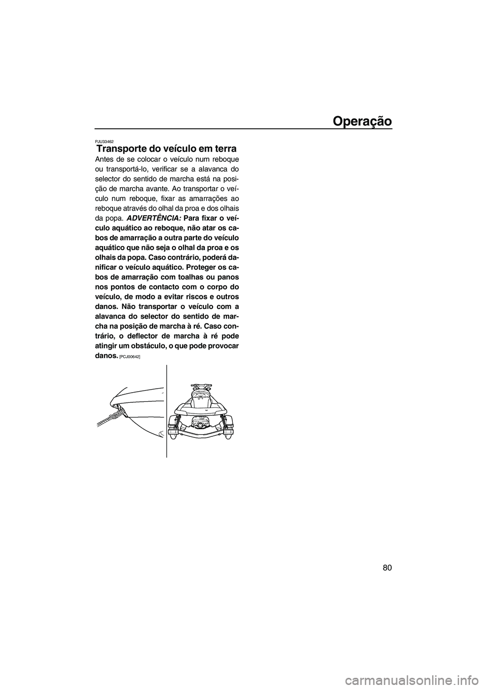 YAMAHA SVHO 2009 Manual de utilização (in Portuguese) Operação
80
PJU33462
Transporte do veículo em terra
Antes de se colocar o veículo num reboque
ou transportá-lo, verificar se a alavanca do
selector do sentido de marcha está na posi-
ção de m YAMAHA SVHO 2009 Manual de utilização (in Portuguese) Operação
80
PJU33462
Transporte do veículo em terra
Antes de se colocar o veículo num reboque
ou transportá-lo, verificar se a alavanca do
selector do sentido de marcha está na posi-
ção de m