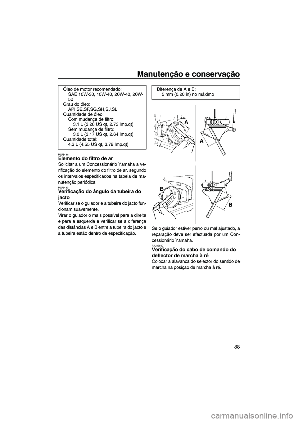 YAMAHA SVHO 2009  Manual de utilização (in Portuguese) Manutenção e conservação
88
PJU34311Elemento do filtro de ar 
Solicitar a um Concessionário Yamaha a ve-
rificação do elemento do filtro de ar, segundo
os intervalos especificados na tabela de 