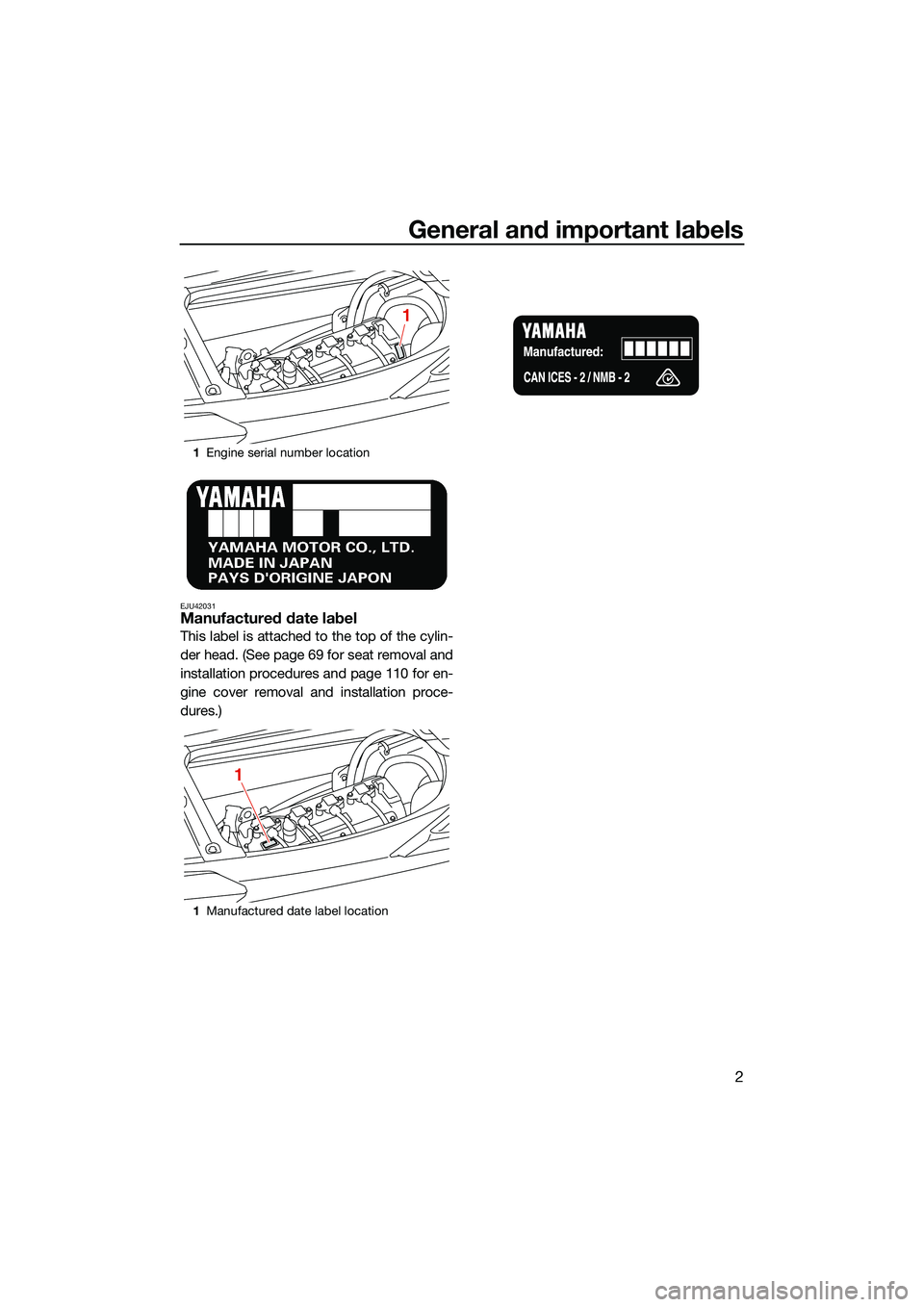YAMAHA FX SVHO 2022 User Guide General and important labels
2
EJU42031Manufactured date label
This label is attached to the top of the cylin-
der head. (See page 69 for seat removal and
installation procedures and page 110 for en-
YAMAHA FX SVHO 2022 User Guide General and important labels
2
EJU42031Manufactured date label
This label is attached to the top of the cylin-
der head. (See page 69 for seat removal and
installation procedures and page 110 for en-