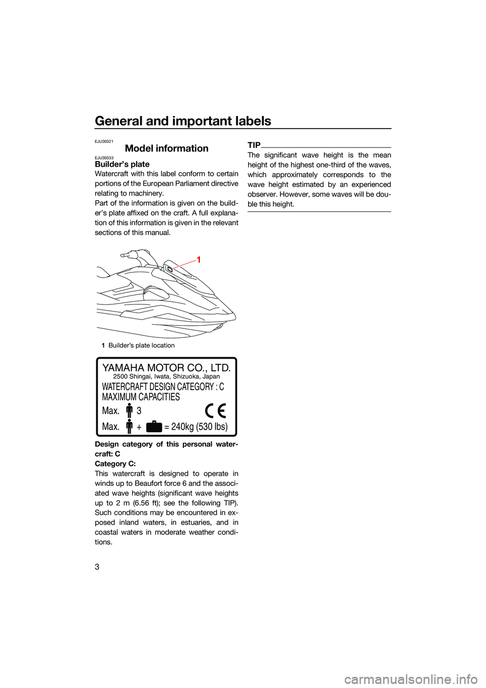 YAMAHA FX SVHO 2022 User Guide General and important labels
3
EJU30321
Model informationEJU30333Builder’s plate
Watercraft with this label conform to certain
portions of the European Parliament directive
relating to machinery.
Pa YAMAHA FX SVHO 2022 User Guide General and important labels
3
EJU30321
Model informationEJU30333Builder’s plate
Watercraft with this label conform to certain
portions of the European Parliament directive
relating to machinery.
Pa